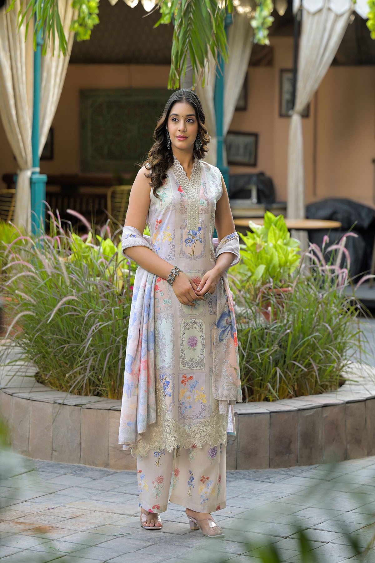 Beige Cotton Embroidered Straight-Cut Suit