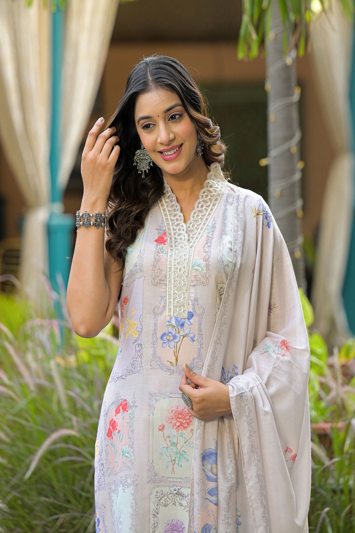 Beige Cotton Embroidered Straight-Cut Suit