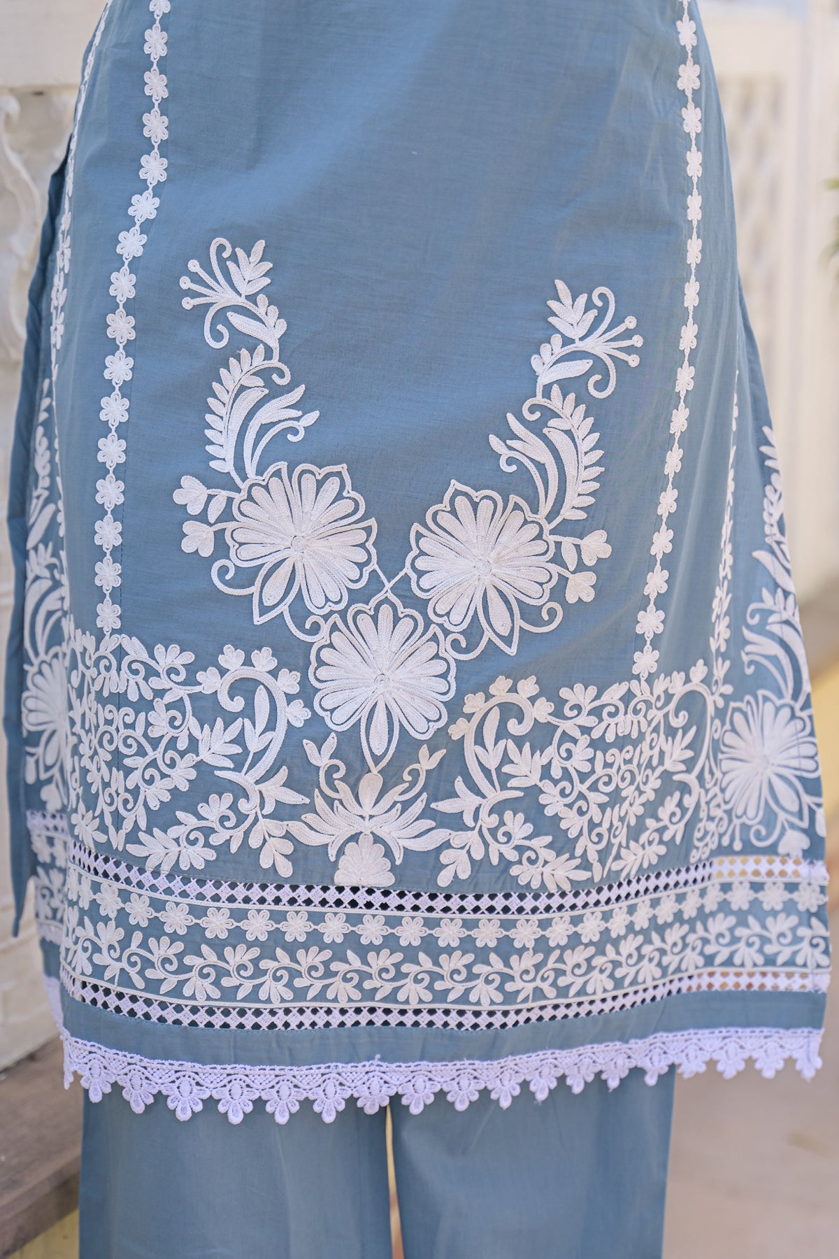 Blue Cotton Embroidered Suit Set