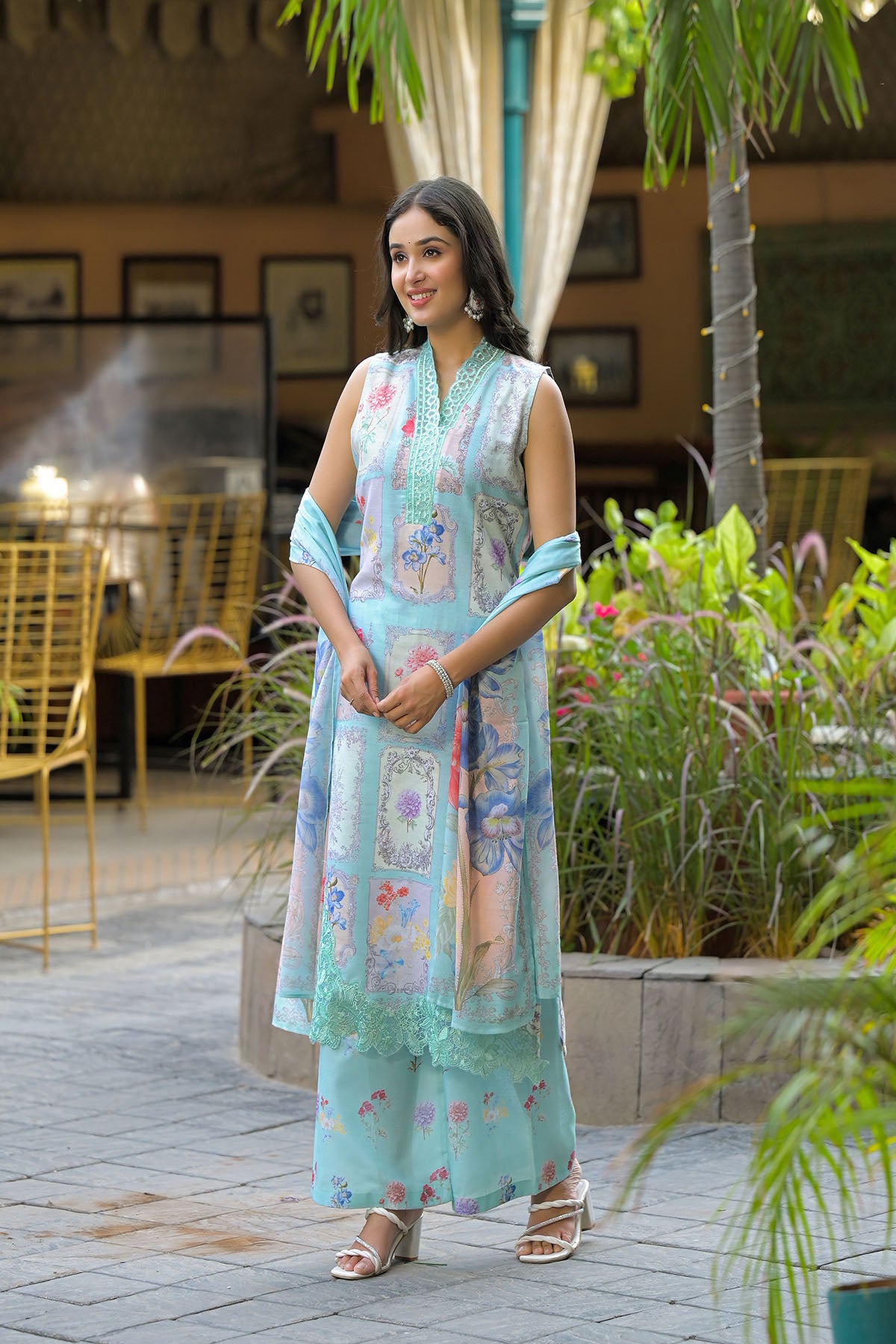 Sea Green Cotton Embroidered Straight-Cut Suit