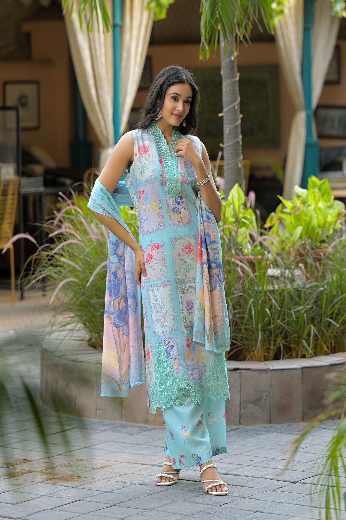 Sea Green Cotton Embroidered Straight-Cut Suit
