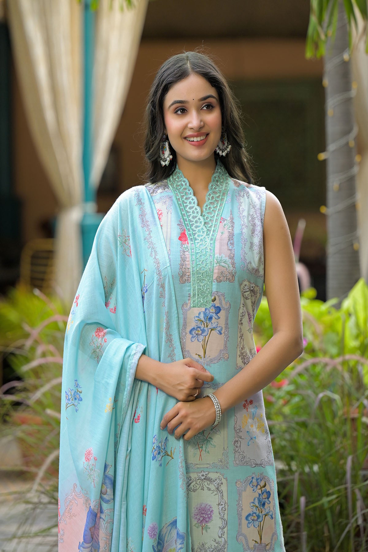 Sea Green Cotton Embroidered Straight-Cut Suit