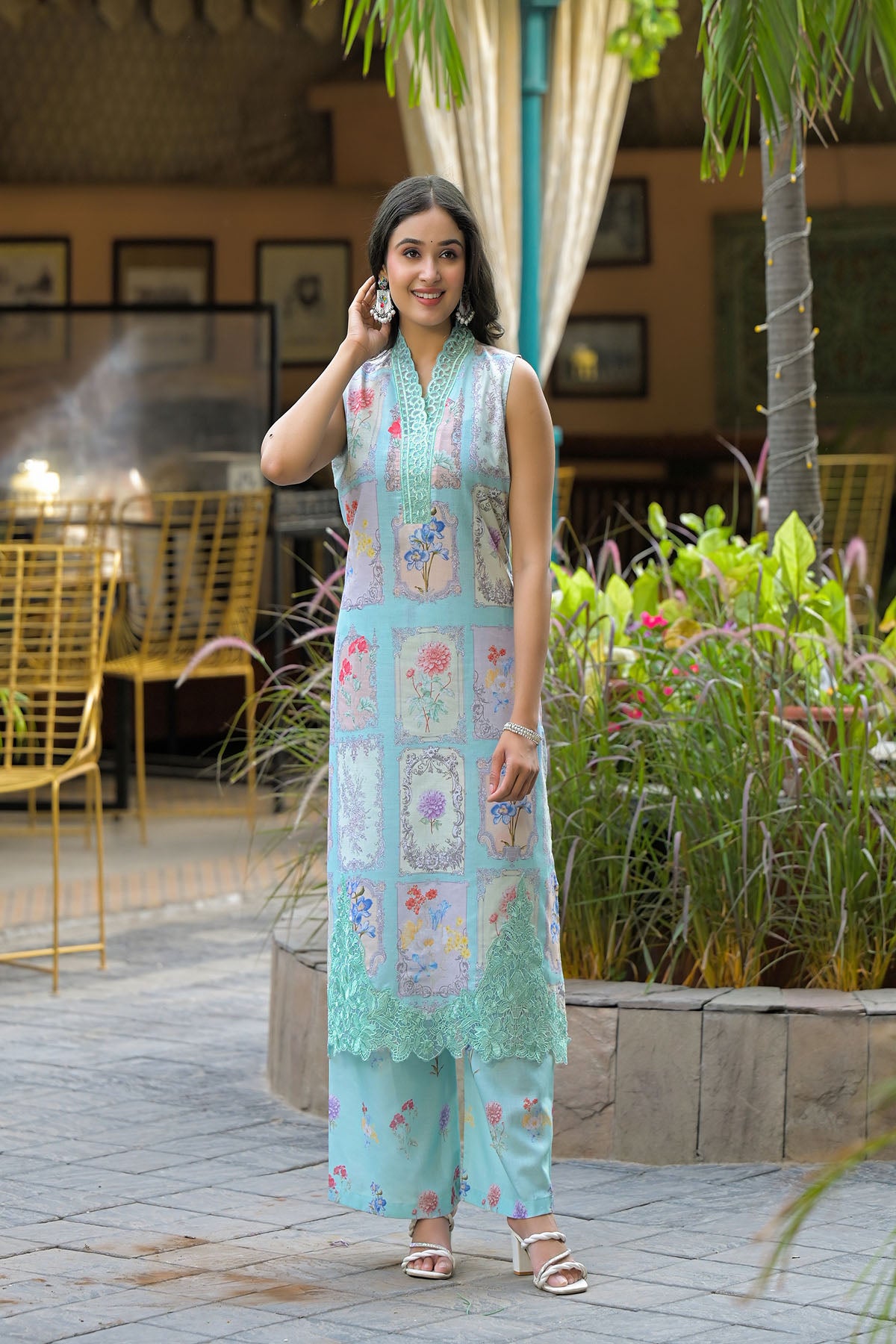 Sea Green Cotton Embroidered Straight-Cut Suit