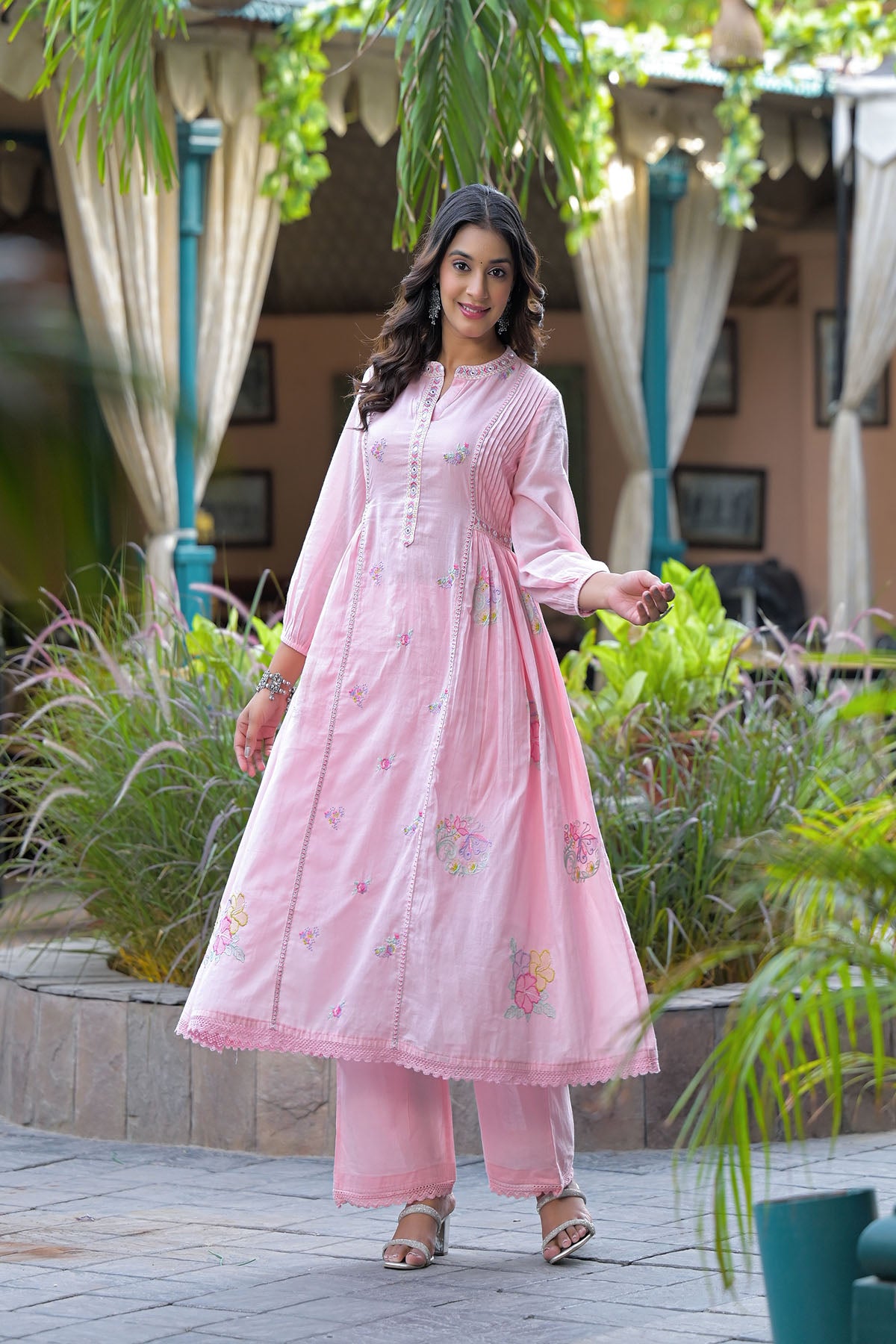 Pink Cotton Embroidered Anarkali Suit