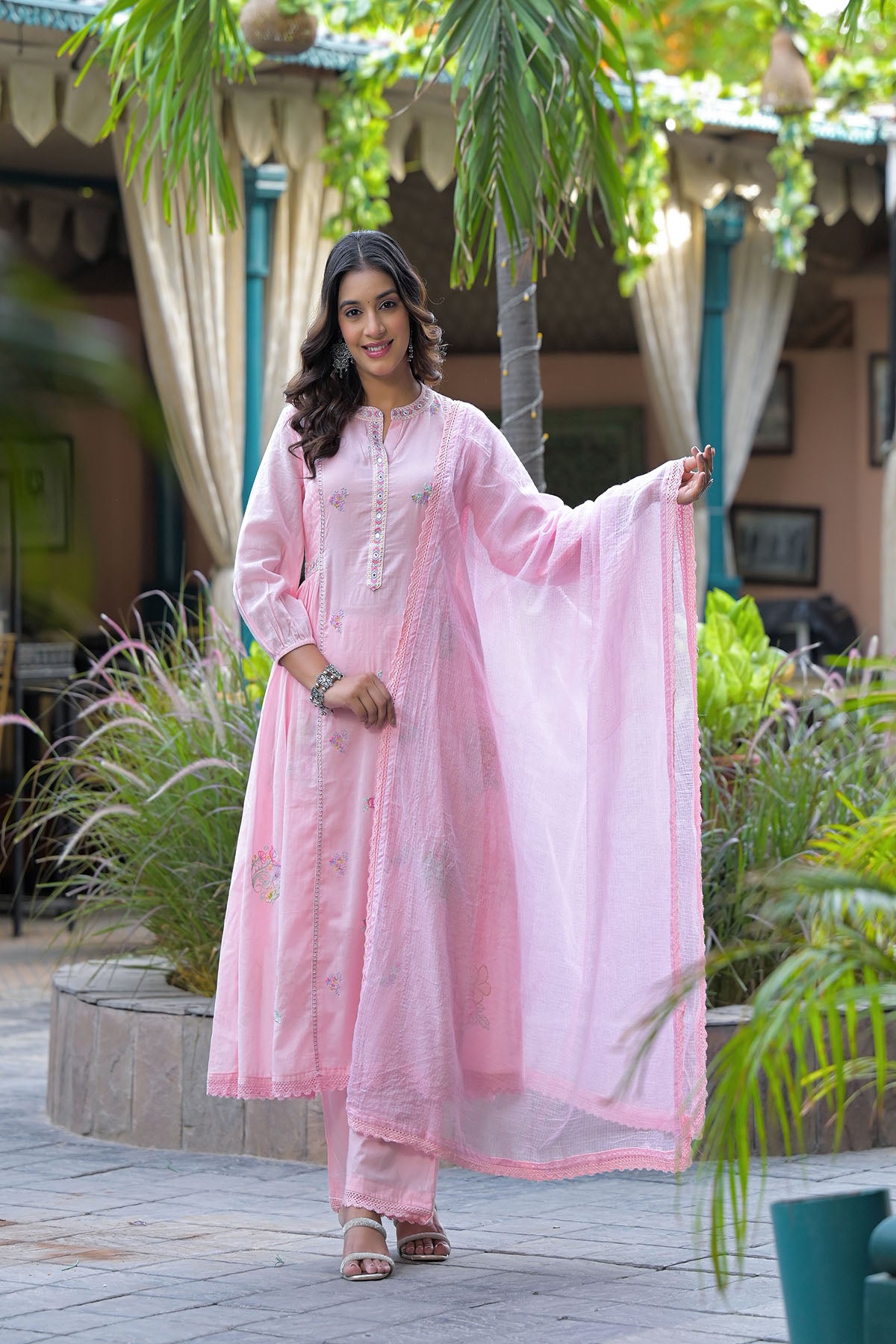 Pink Cotton Embroidered Anarkali Suit