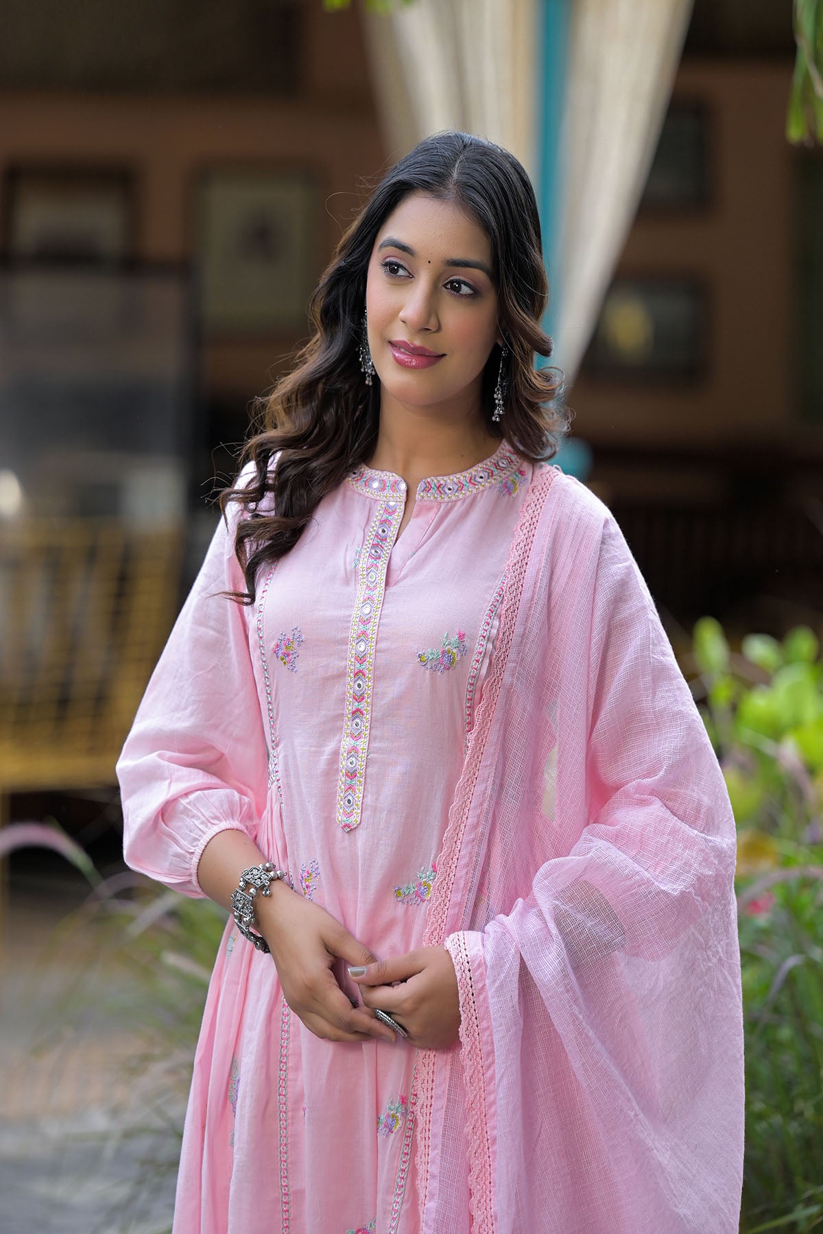 Pink Cotton Embroidered Anarkali Suit