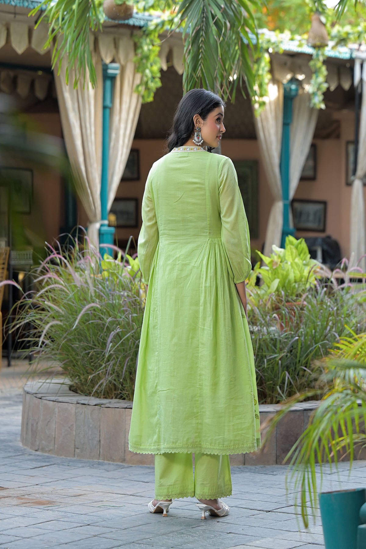 Green Cotton Embroidered Anarkali Suit