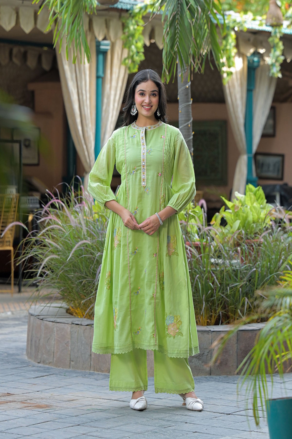 Green Cotton Embroidered Anarkali Suit