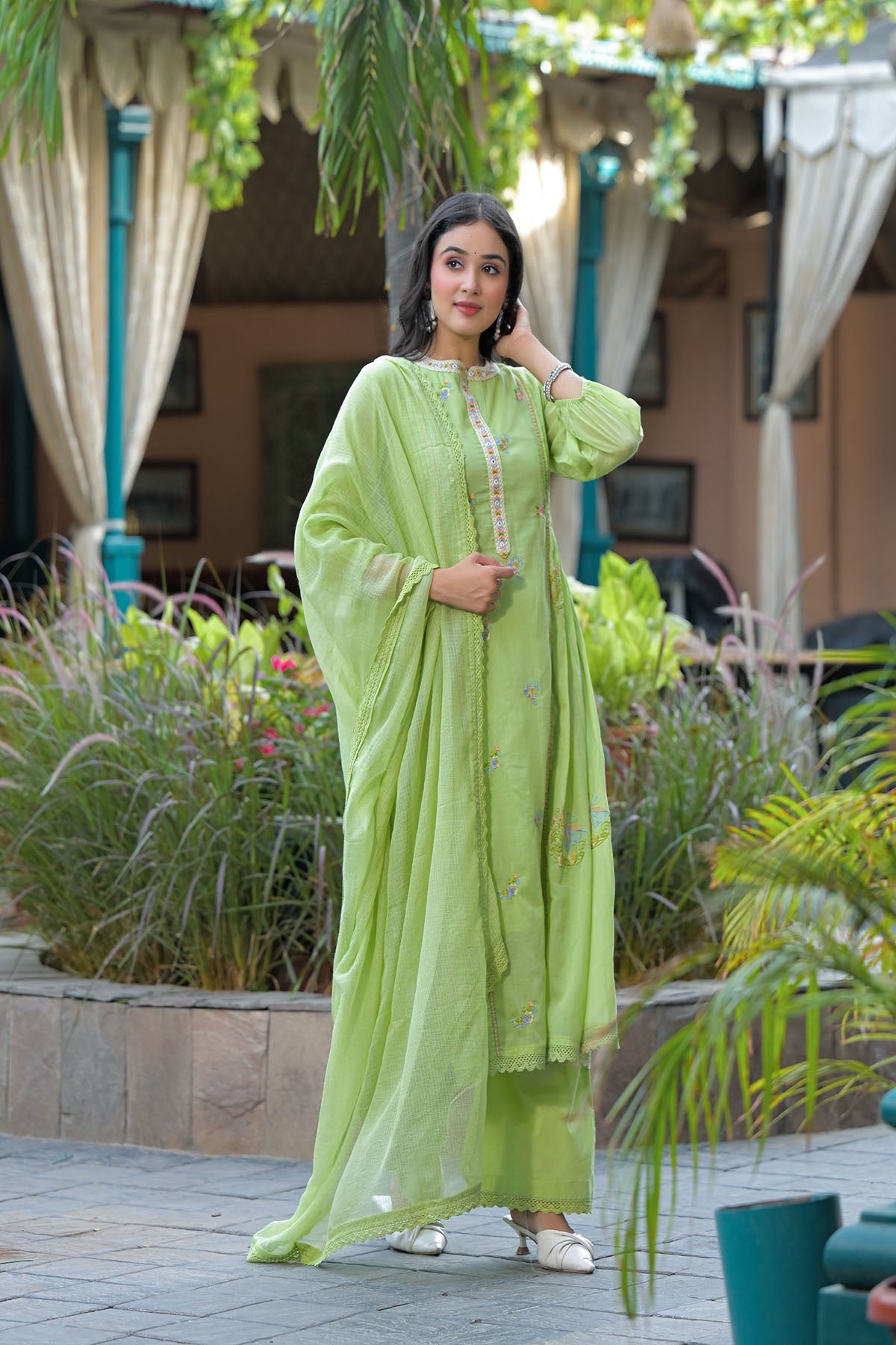 Green Cotton Embroidered Anarkali Suit