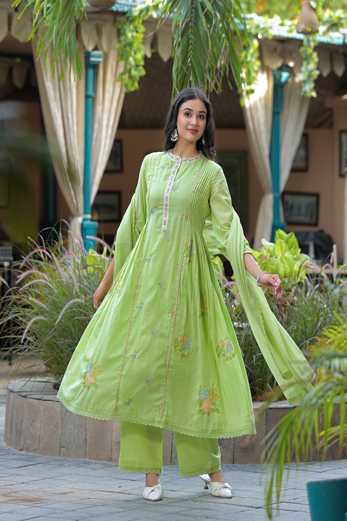 Green Cotton Embroidered Anarkali Suit