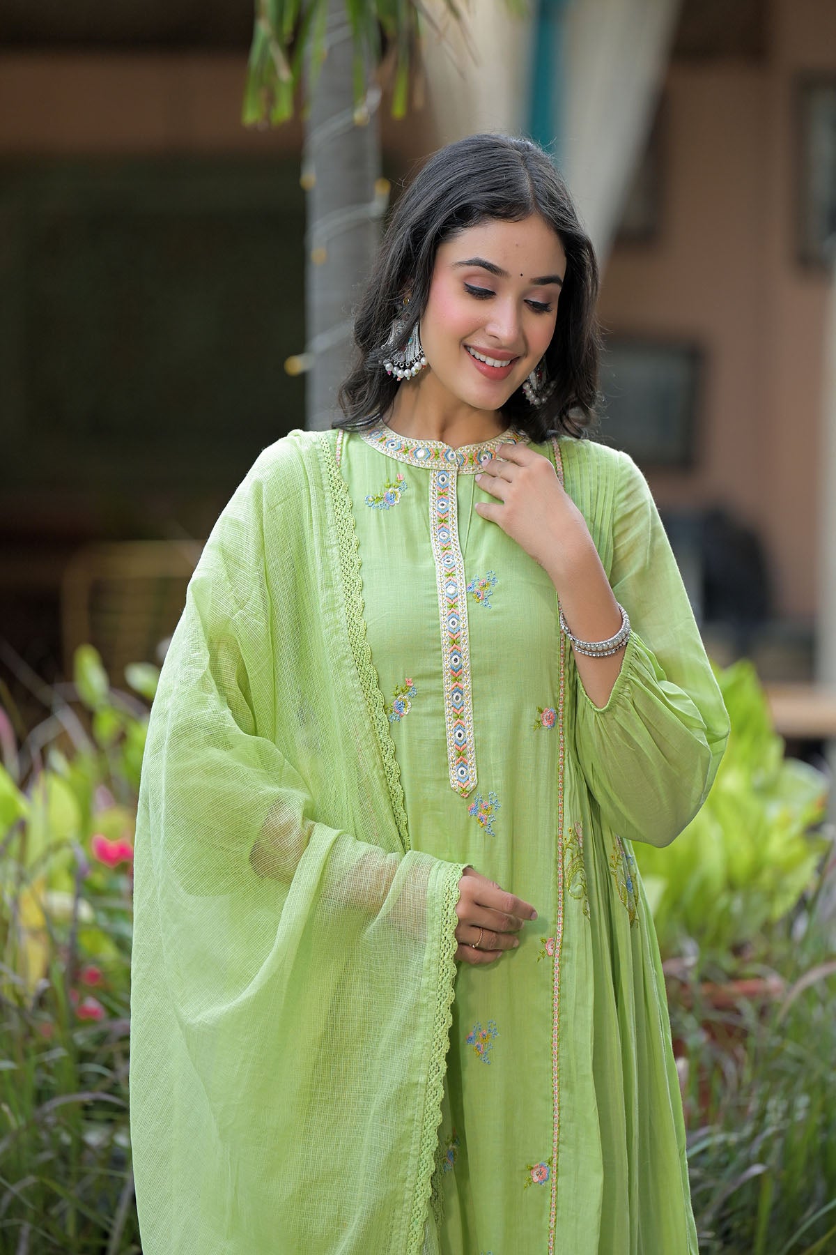 Green Cotton Embroidered Anarkali Suit
