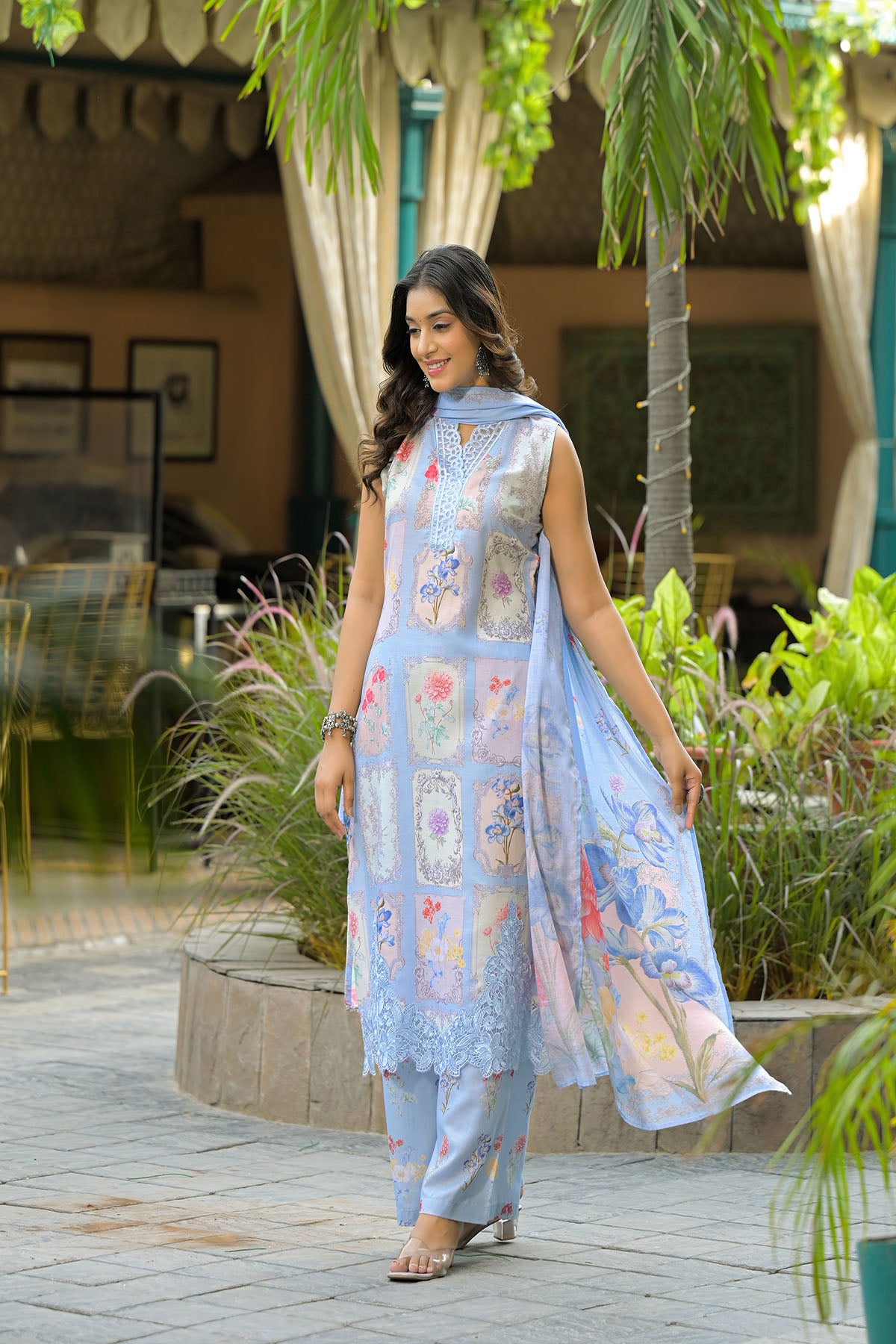 Blue Cotton Embroidered Straight-Cut Suit