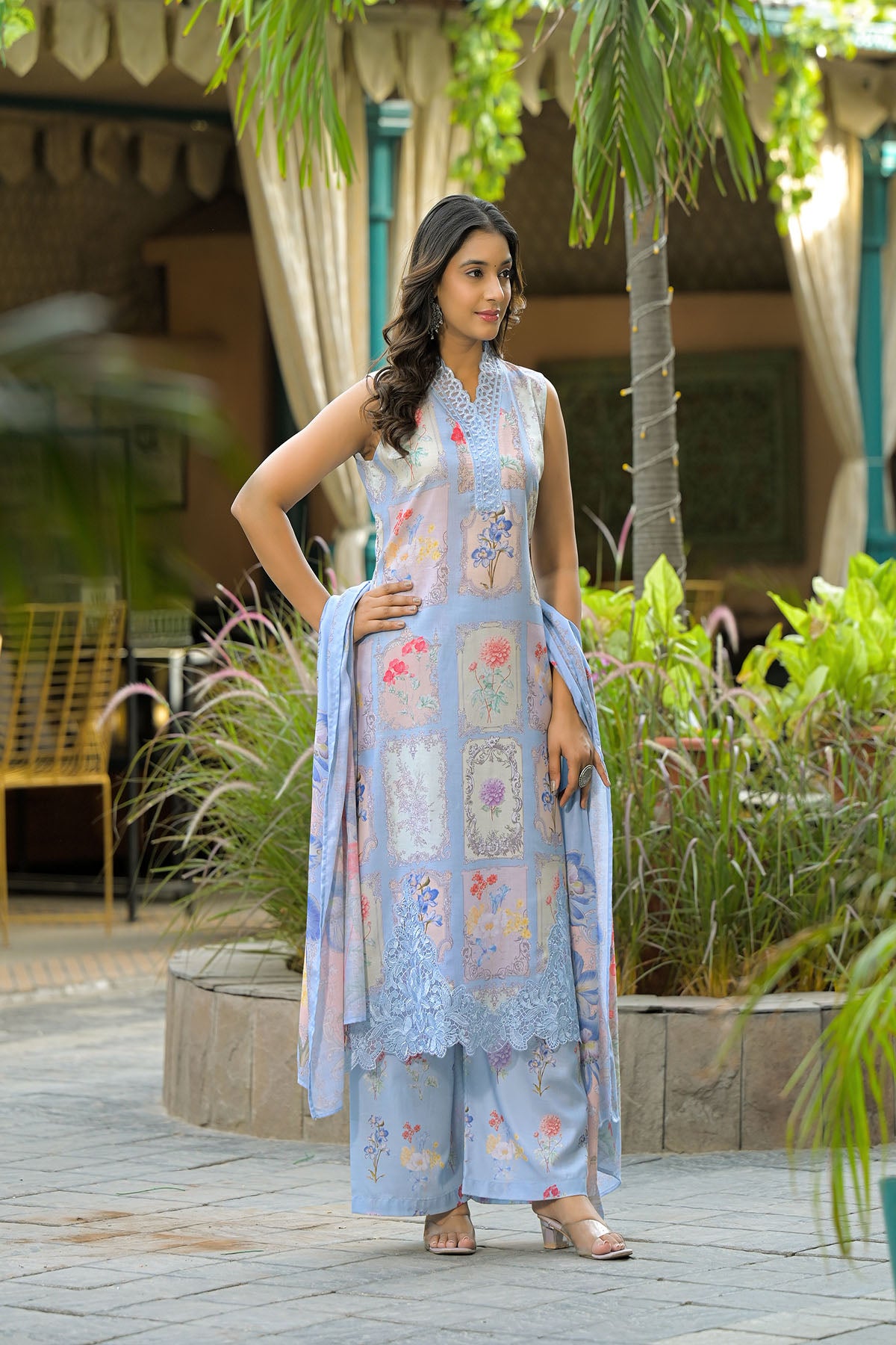 Blue Cotton Embroidered Straight-Cut Suit