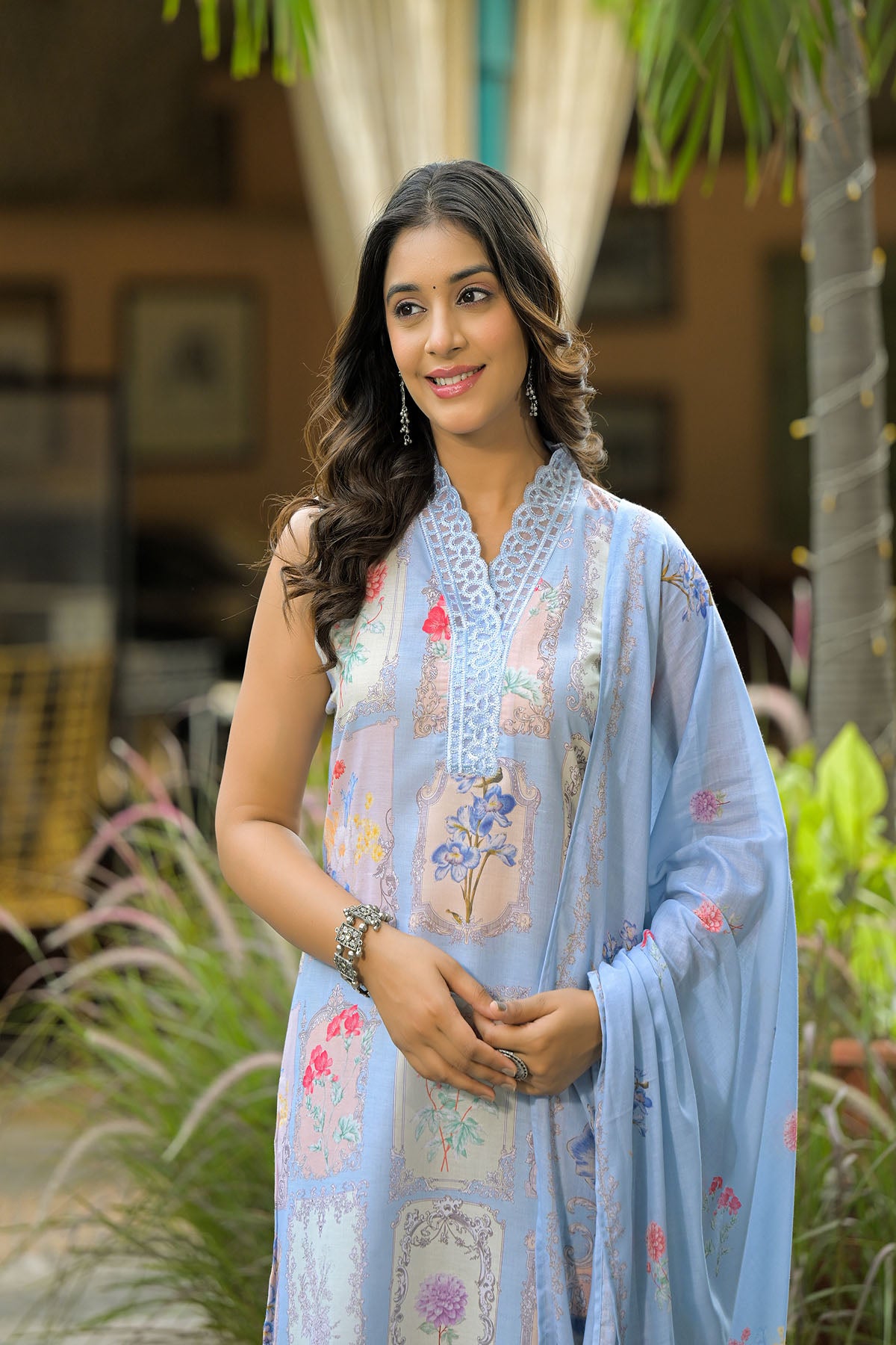 Blue Cotton Embroidered Straight-Cut Suit