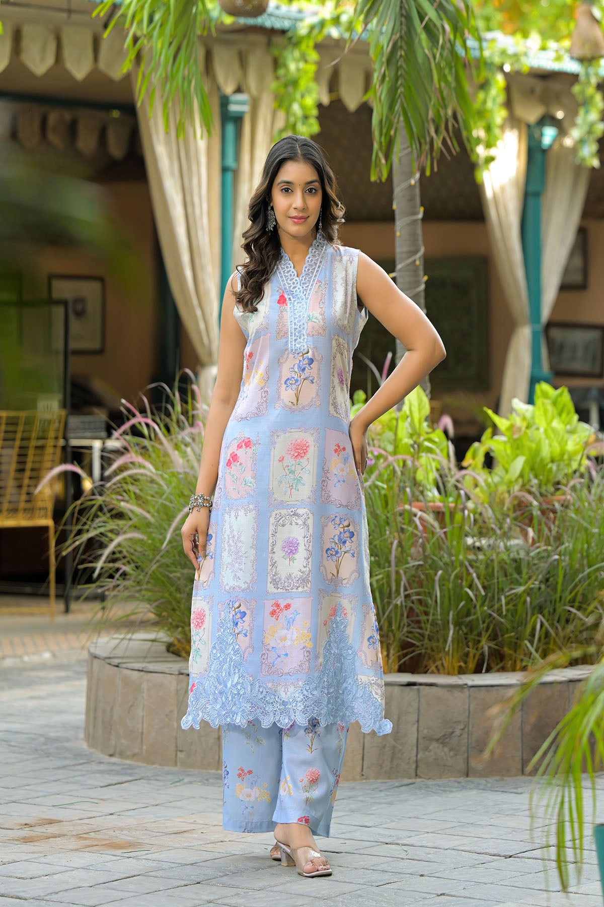 Blue Cotton Embroidered Straight-Cut Suit
