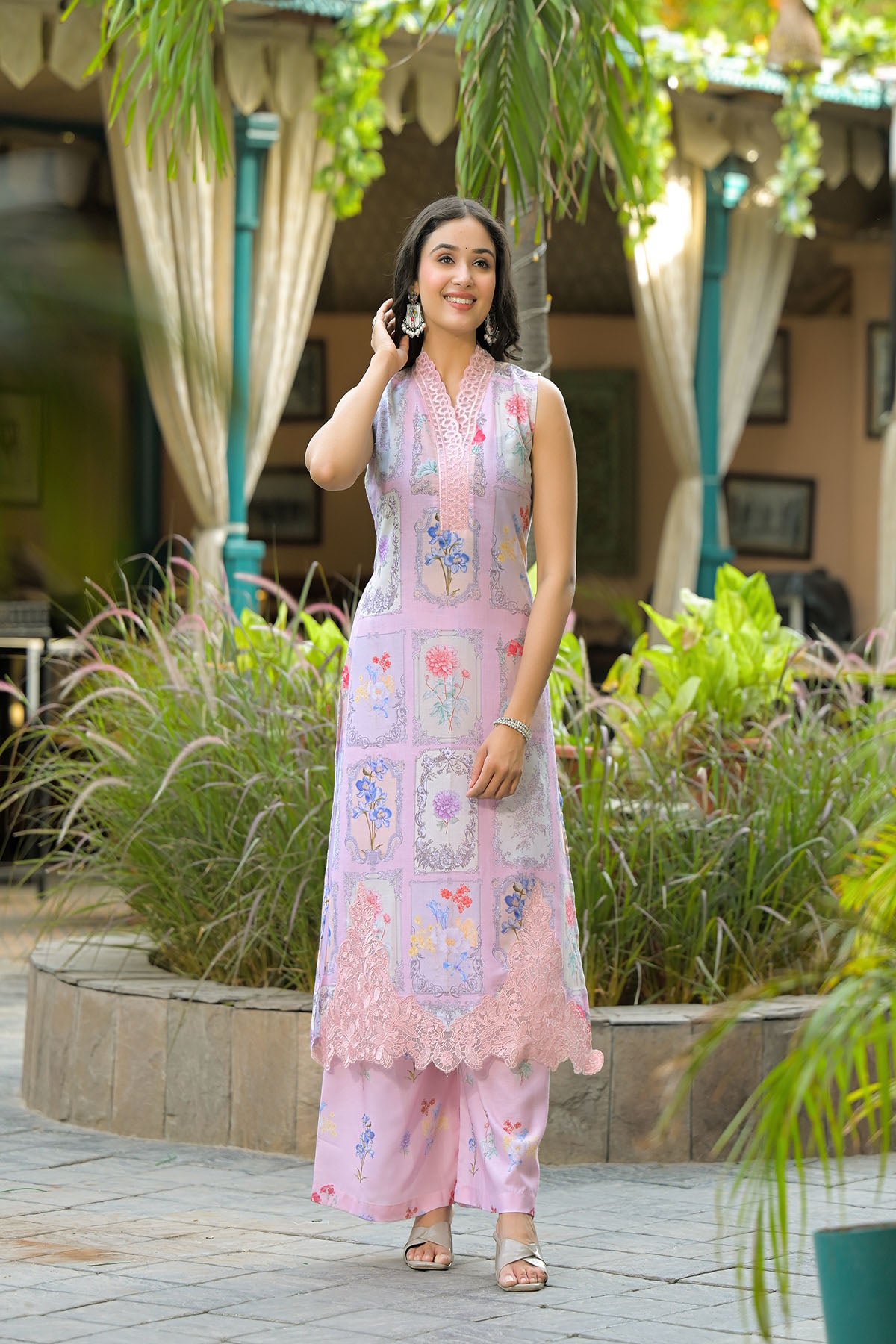 Pink Cotton Embroidered Straight-Cut Suit