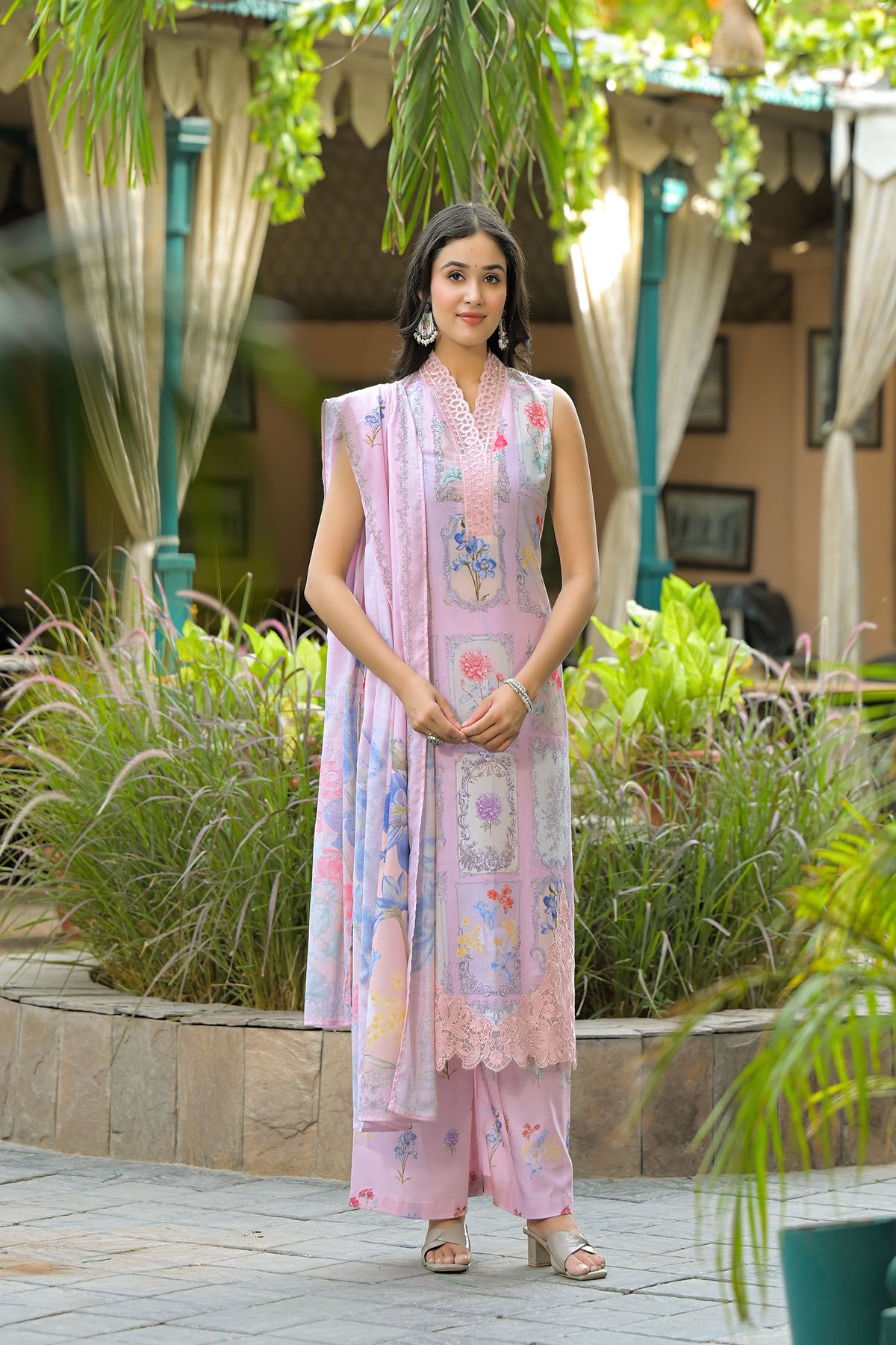Pink Cotton Embroidered Straight-Cut Suit