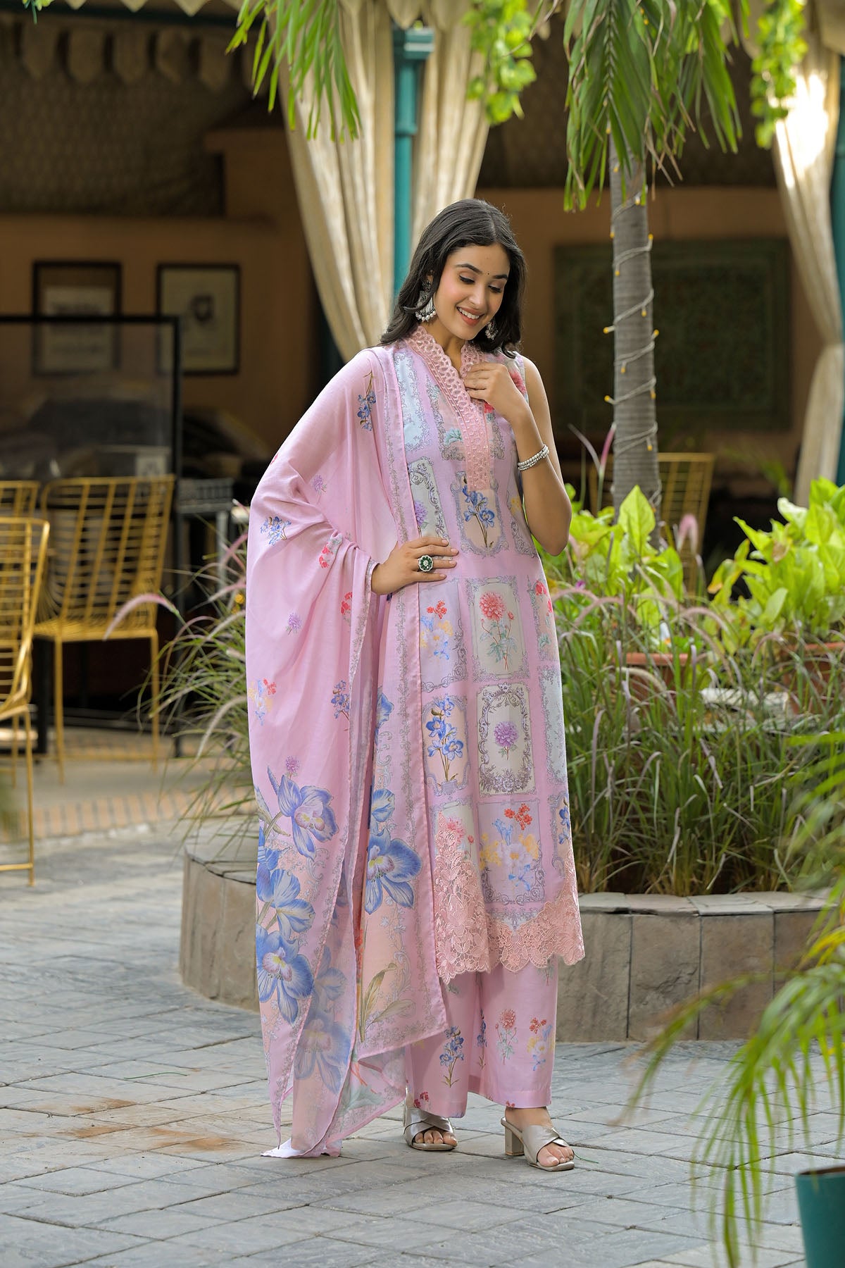 Pink Cotton Embroidered Straight-Cut Suit