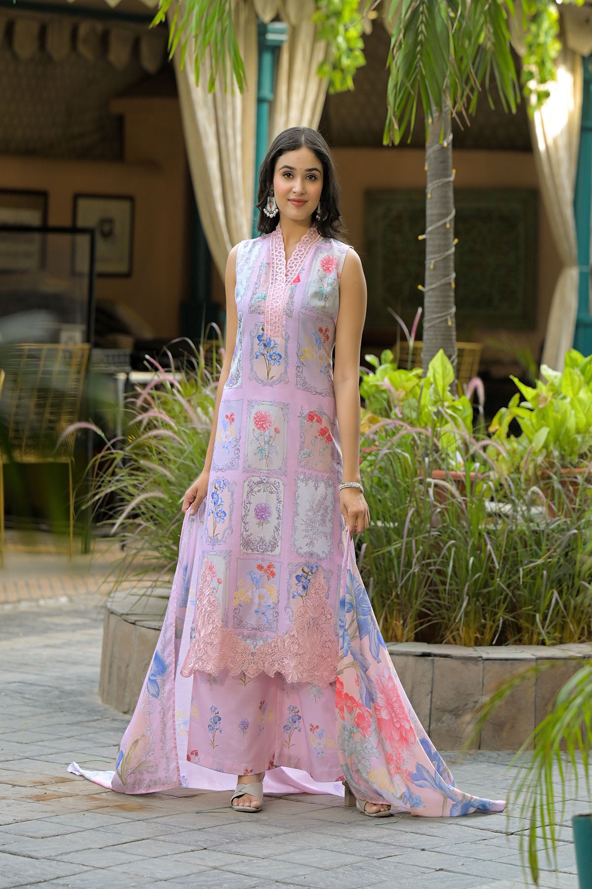 Pink Cotton Embroidered Straight-Cut Suit