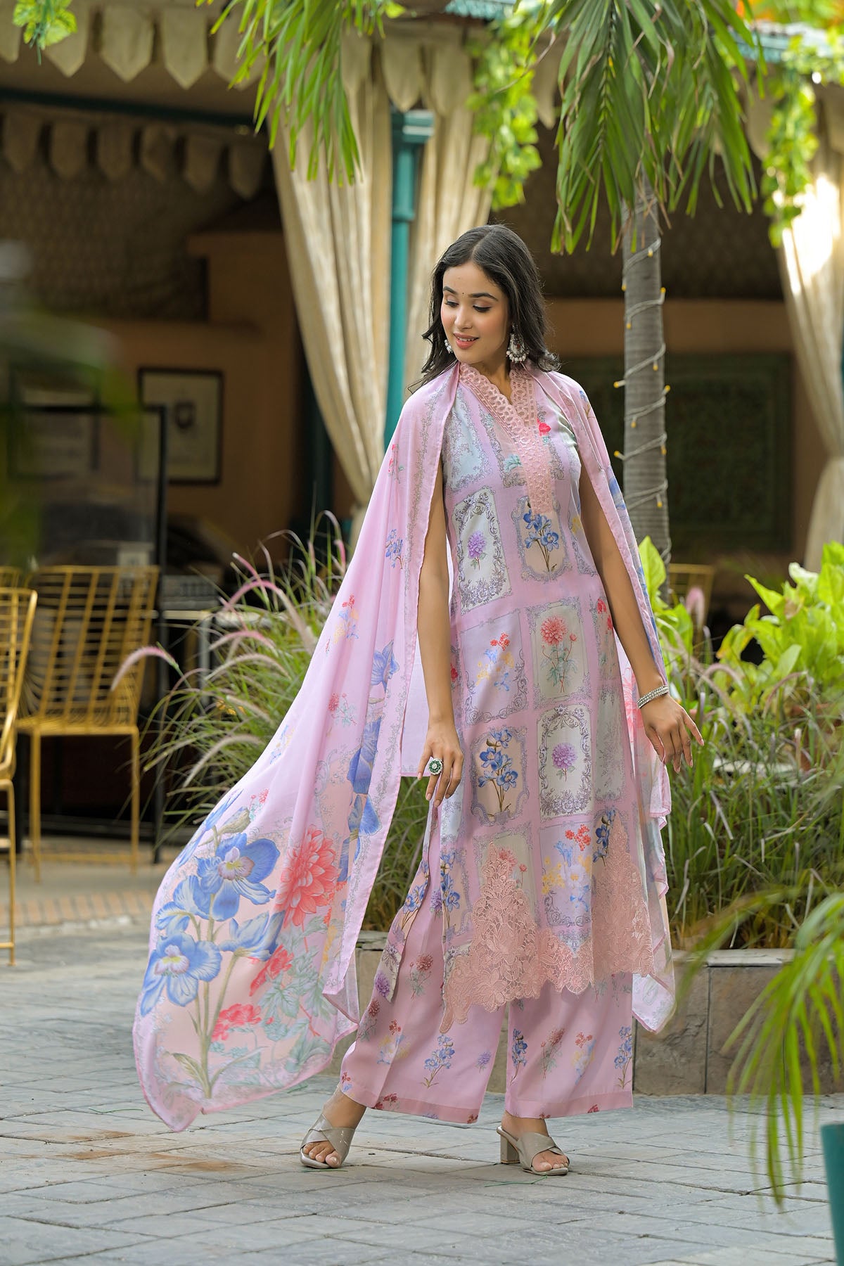 Pink Cotton Embroidered Straight-Cut Suit