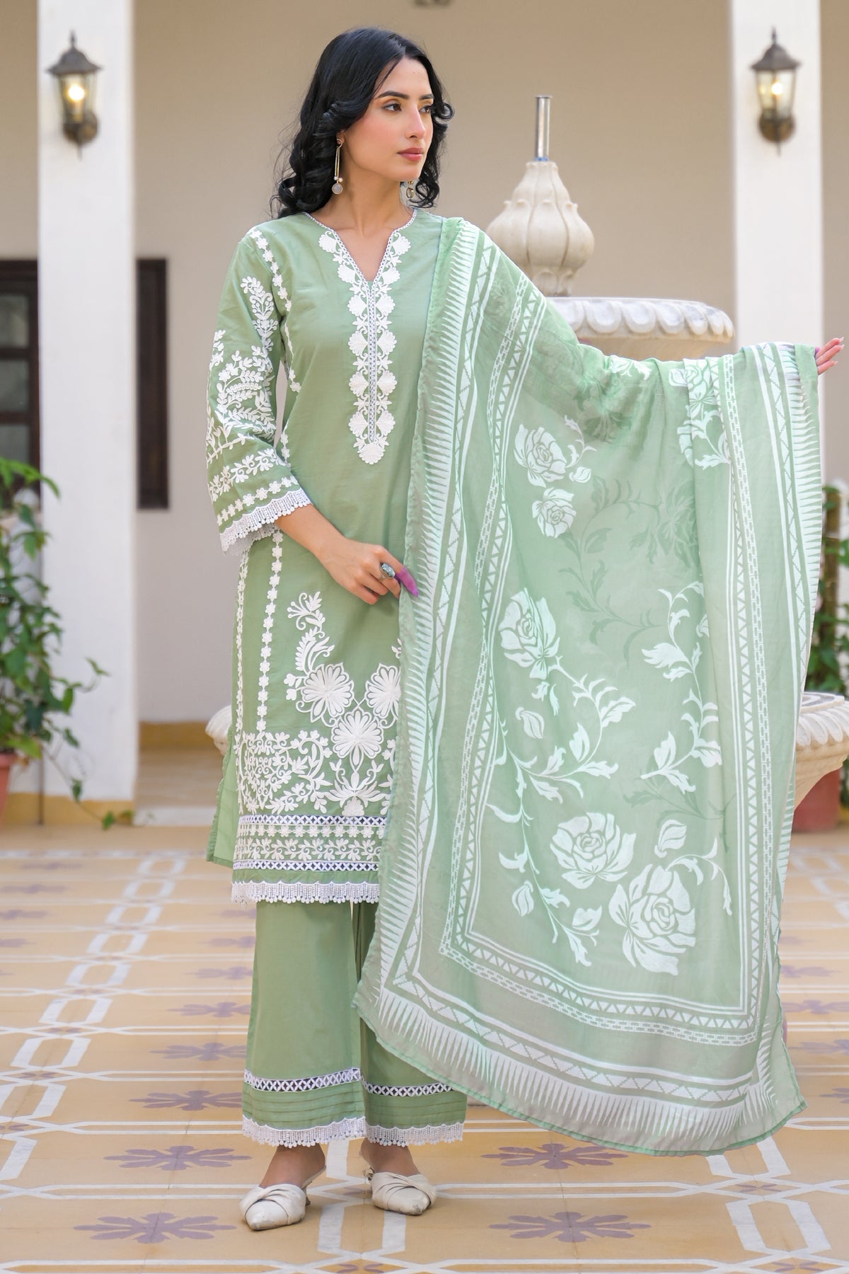 Green Cotton Embroidered Suit Set