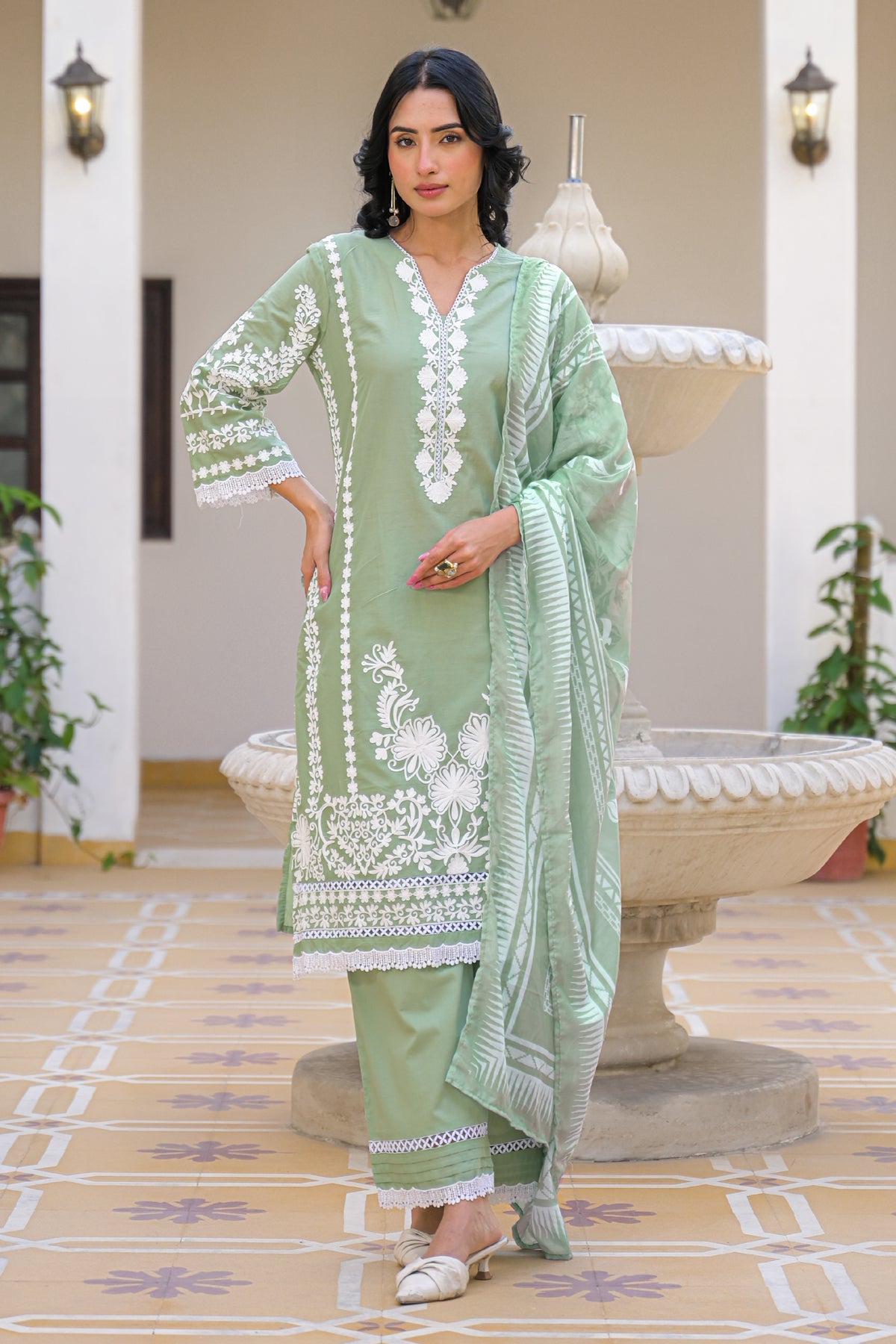 Green Cotton Embroidered Suit Set