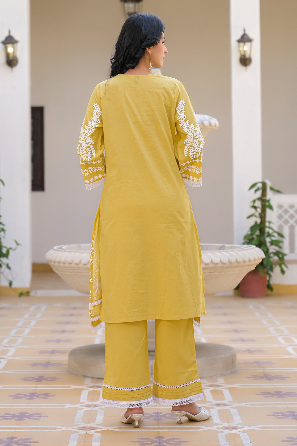 Yellow Cotton Embroidered Suit Set