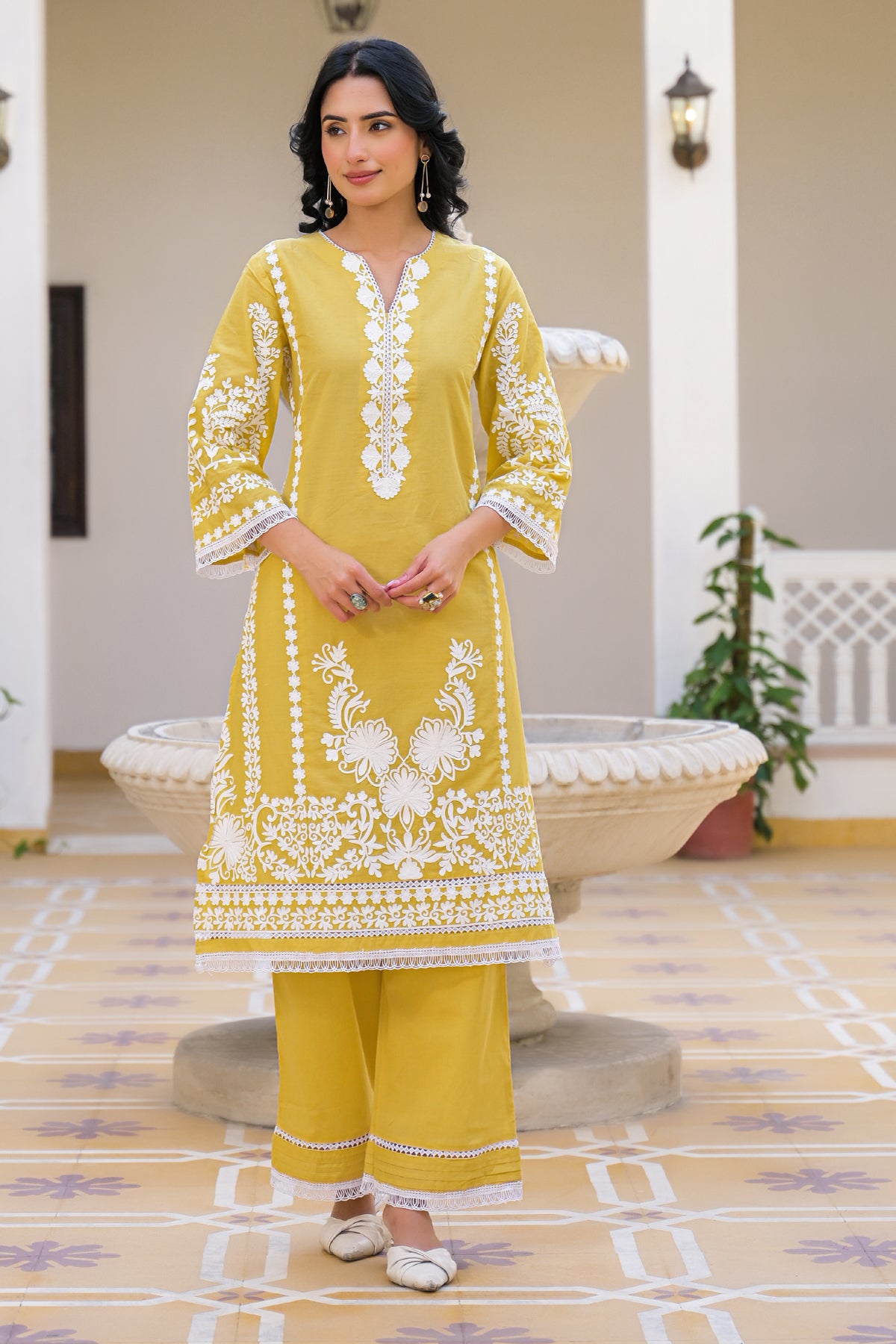 Yellow Cotton Embroidered Suit Set