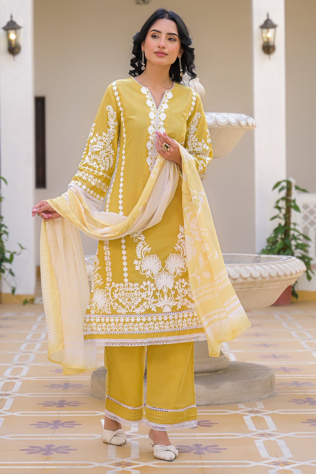 Yellow Cotton Embroidered Suit Set