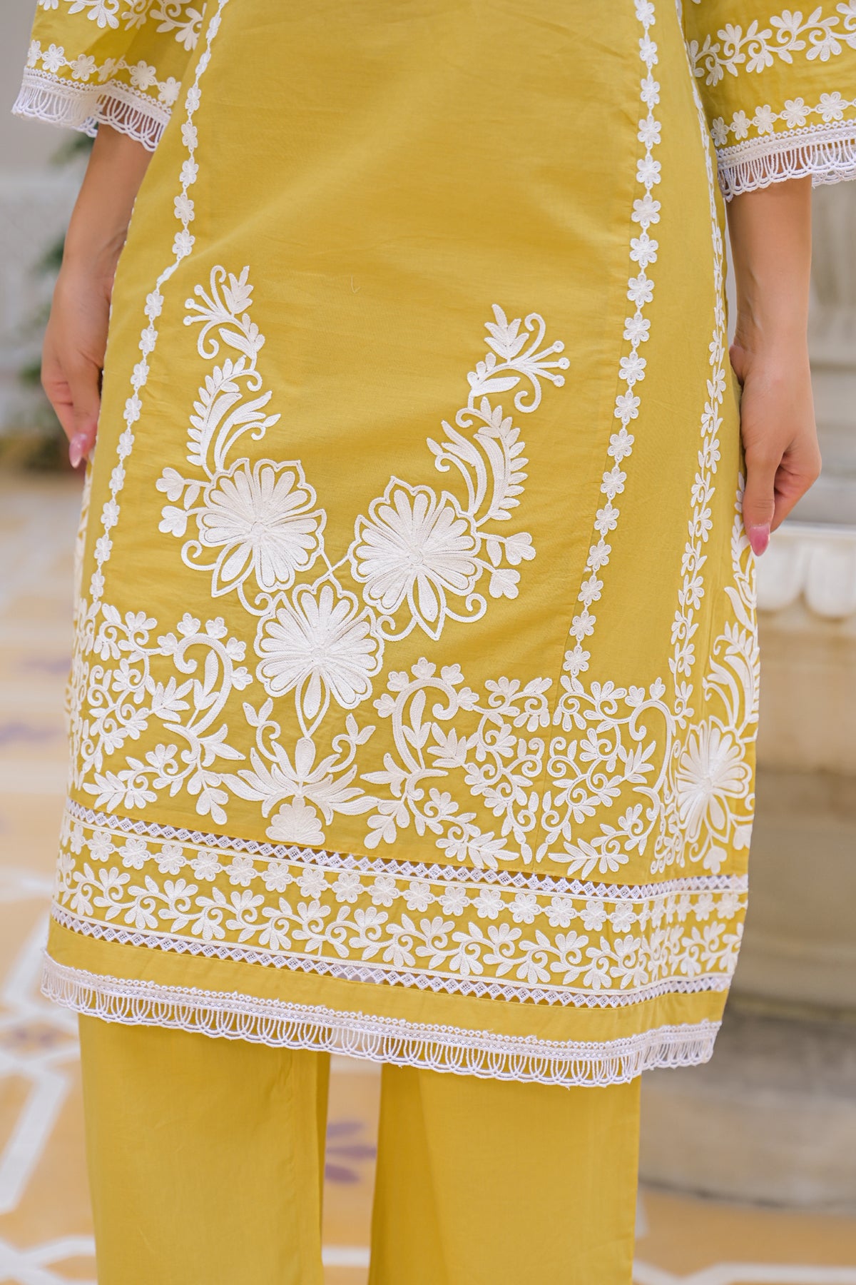 Yellow Cotton Embroidered Suit Set
