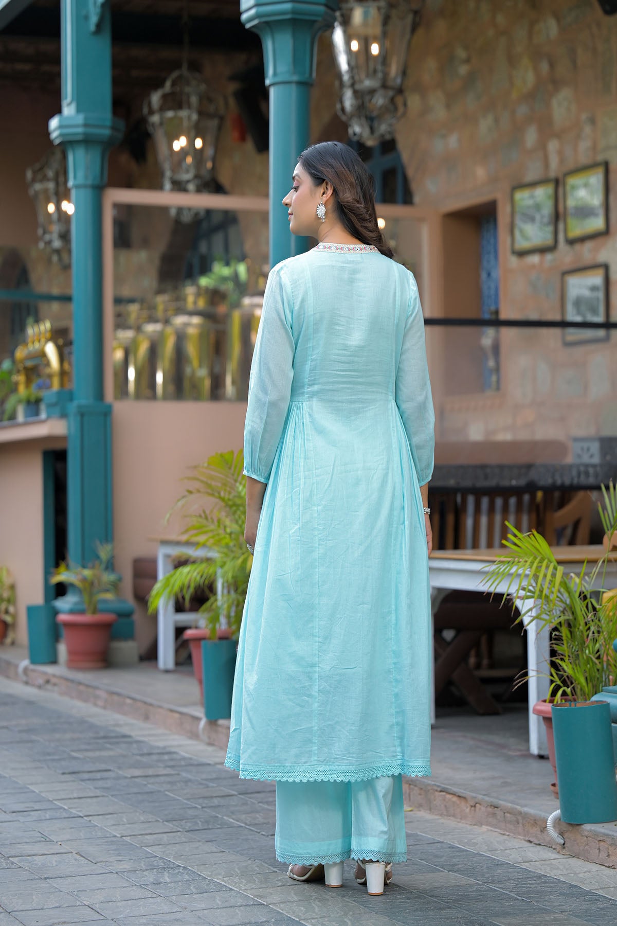 Sky Blue Cotton Embroidered Anarkali Suit