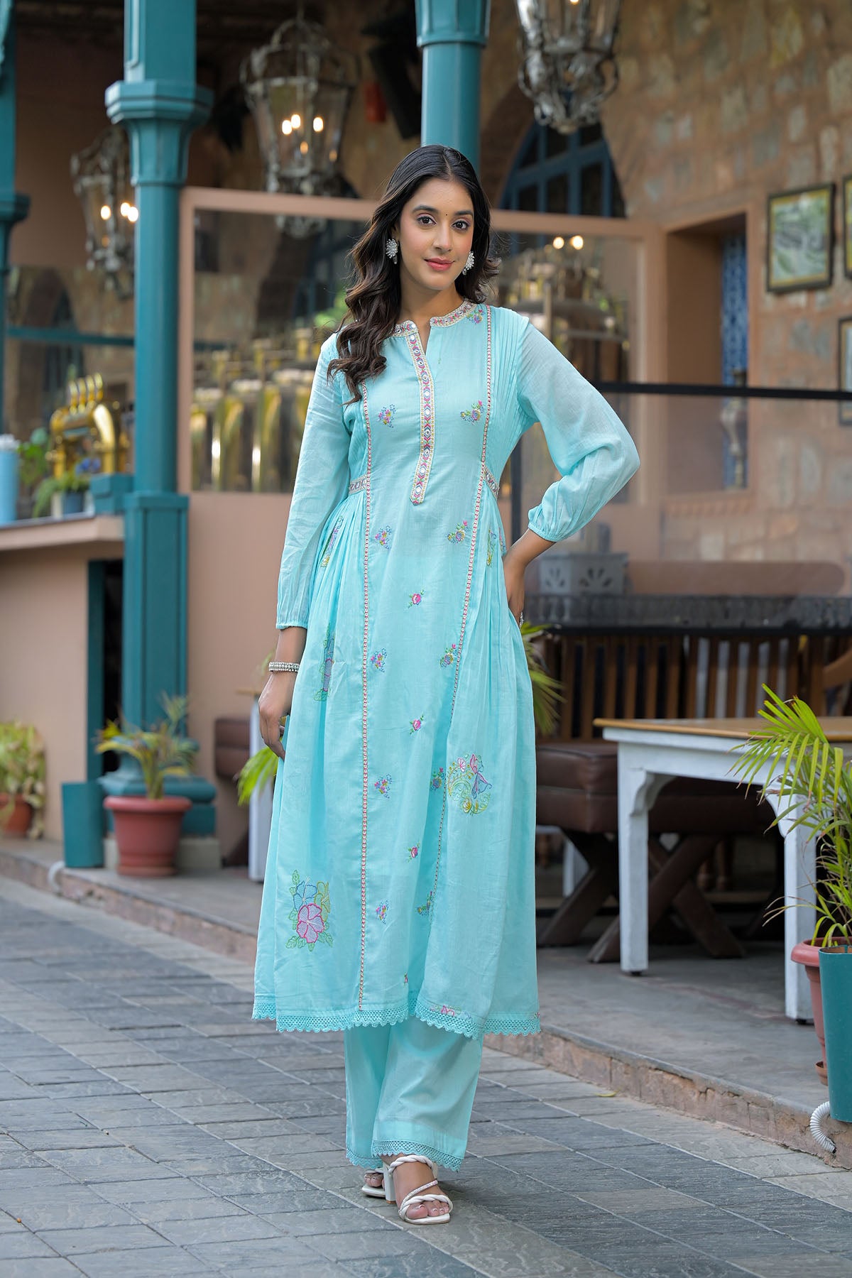Sky Blue Cotton Embroidered Anarkali Suit