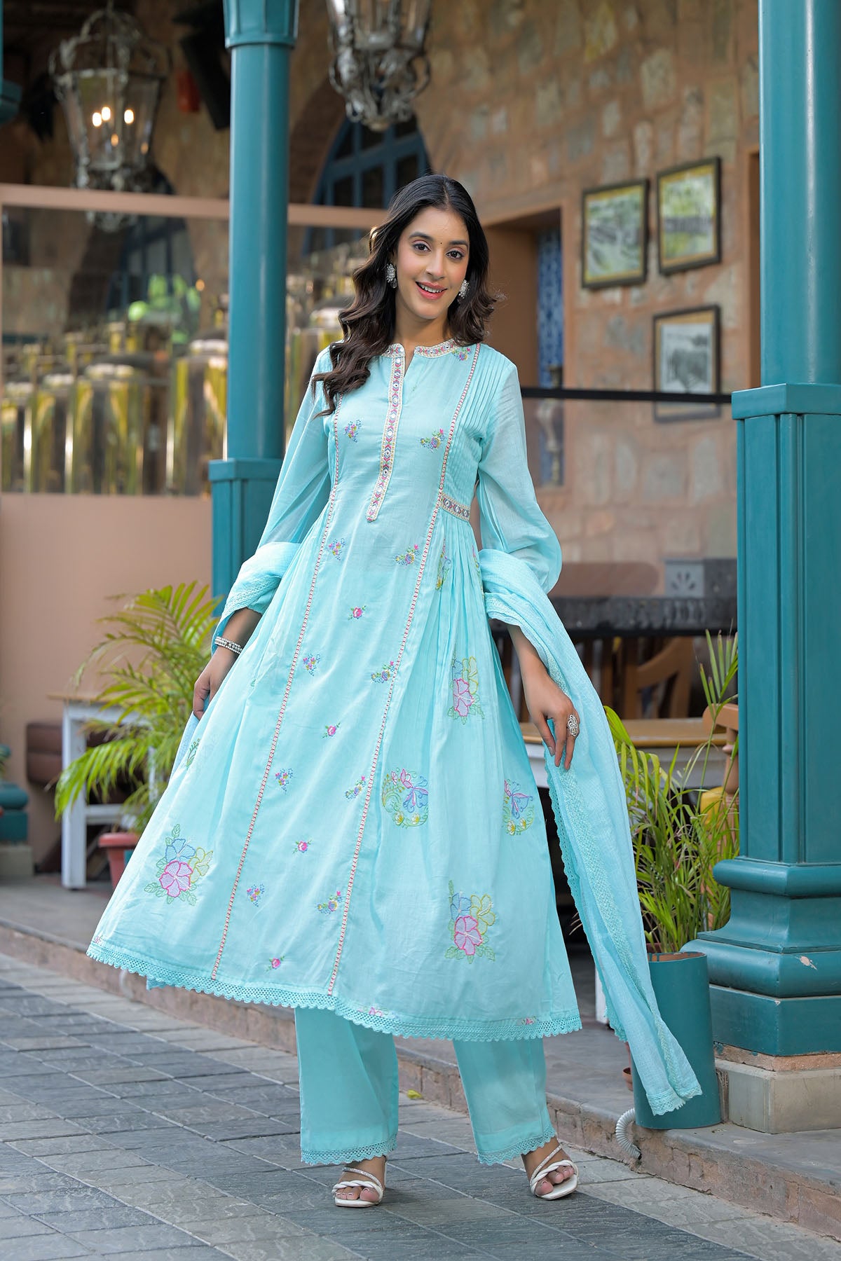Sky Blue Cotton Embroidered Anarkali Suit