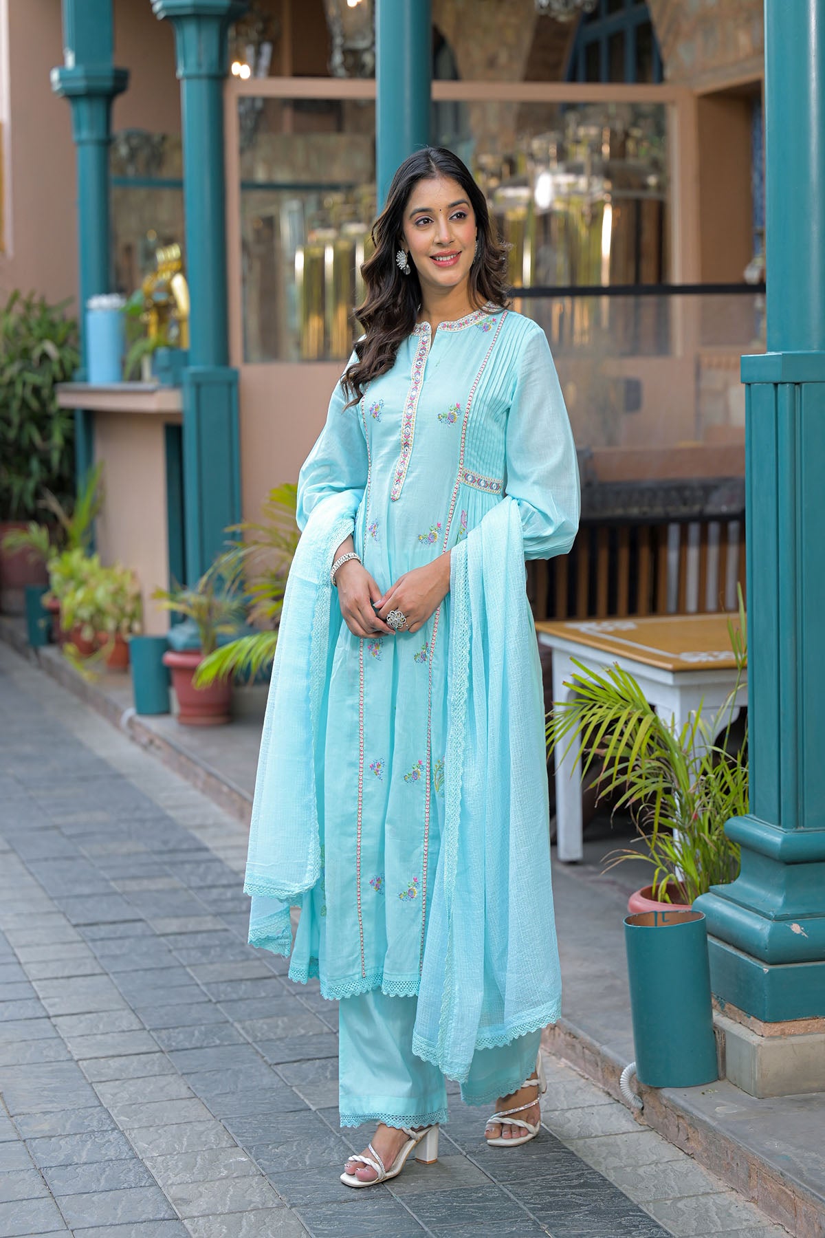 Sky Blue Cotton Embroidered Anarkali Suit