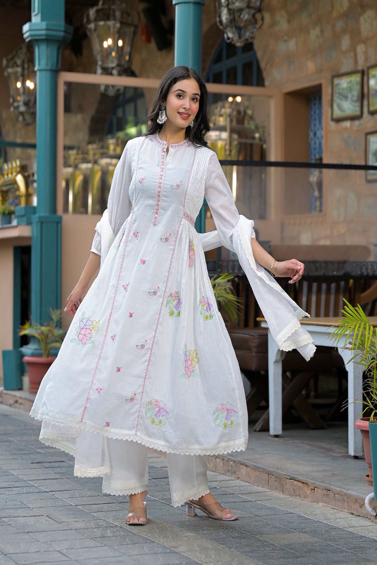 White Cotton Embroidered Anarkali Suit
