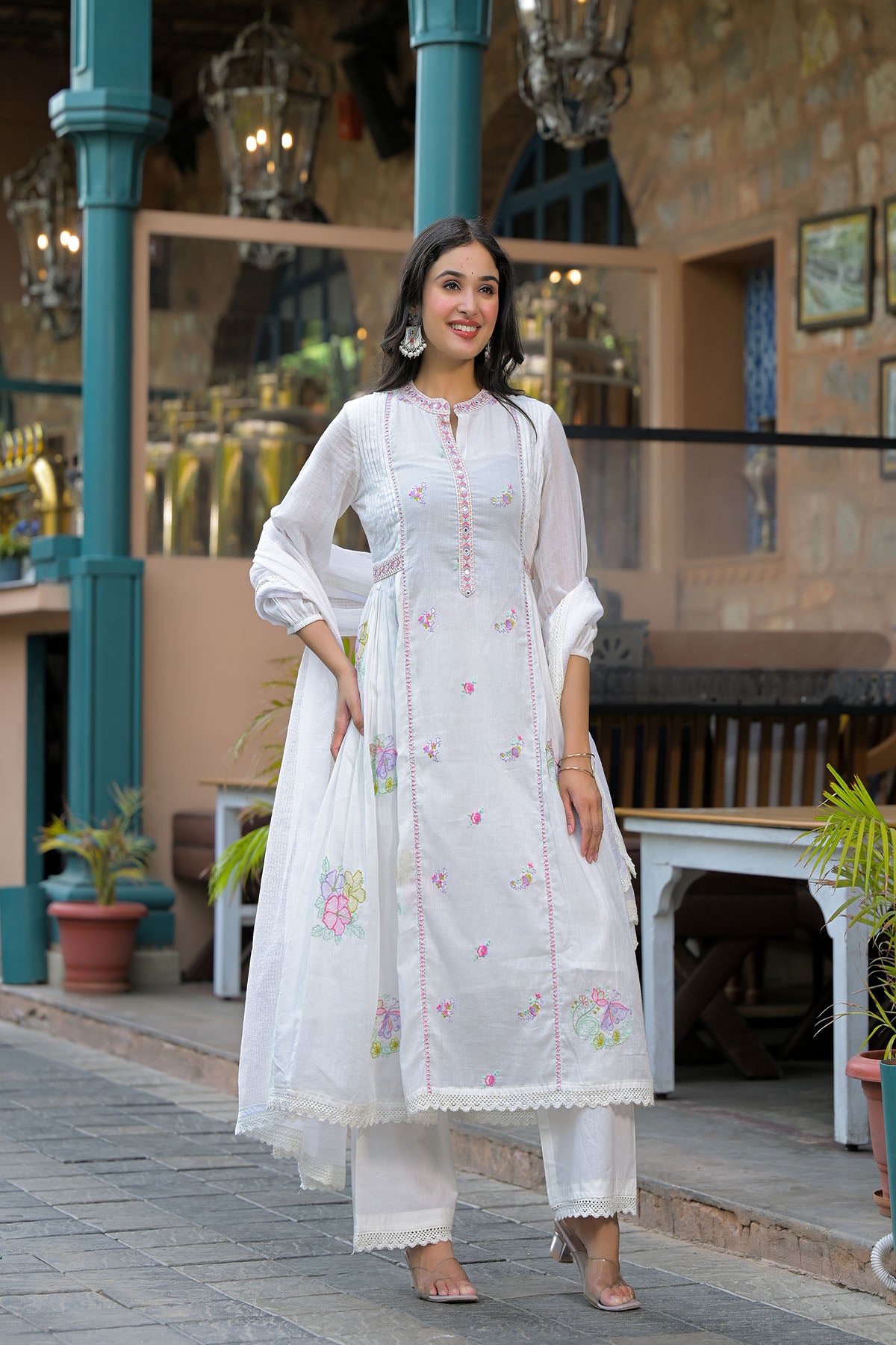 White Cotton Embroidered Anarkali Suit
