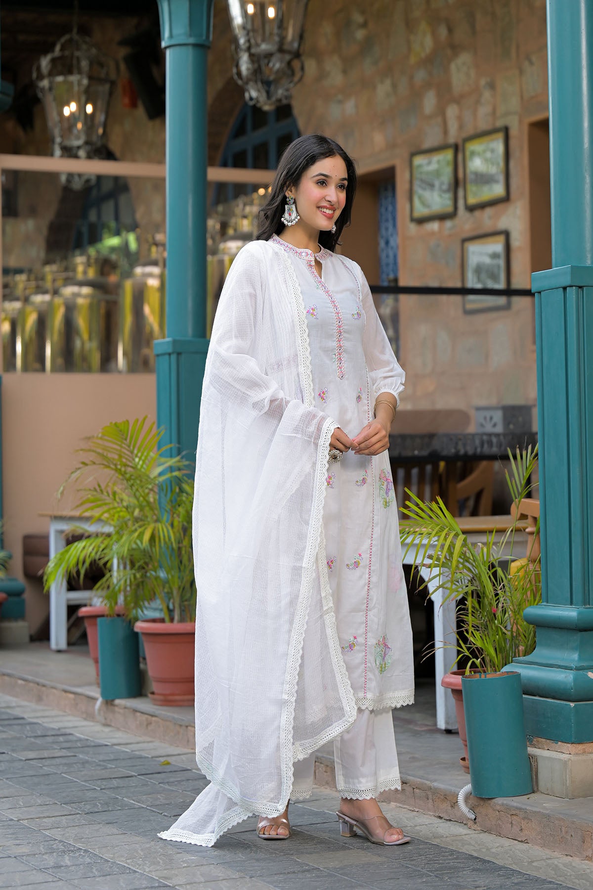 White Cotton Embroidered Anarkali Suit