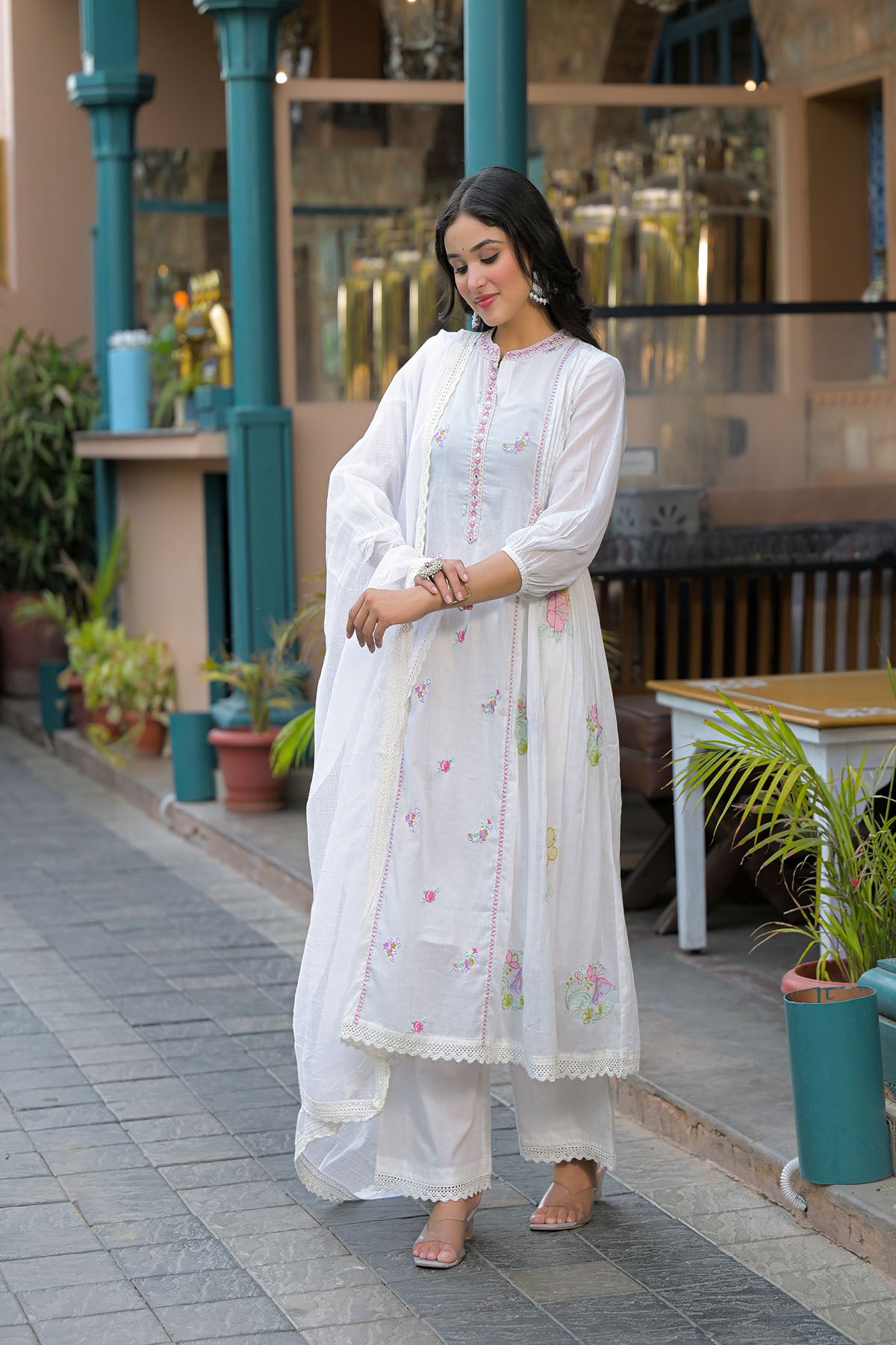 White Cotton Embroidered Anarkali Suit