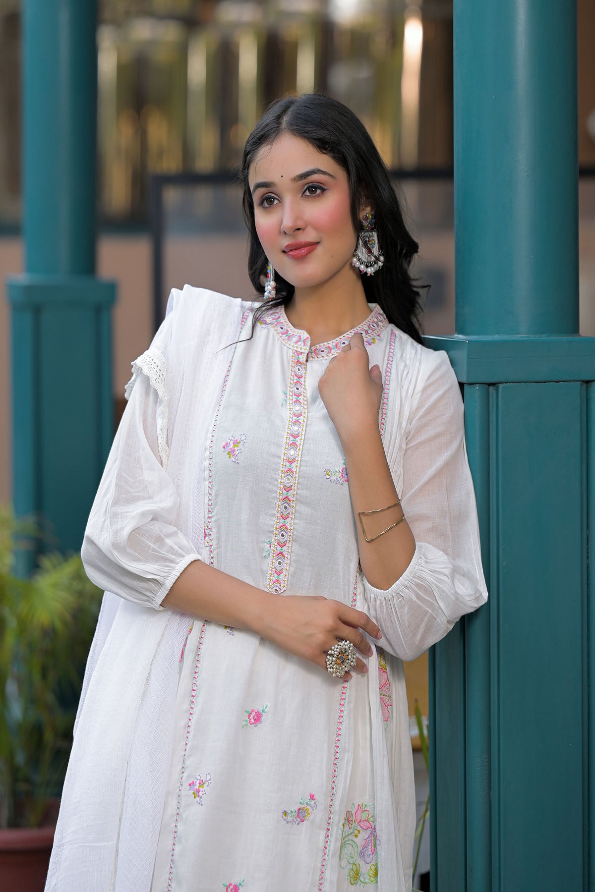 White Cotton Embroidered Anarkali Suit