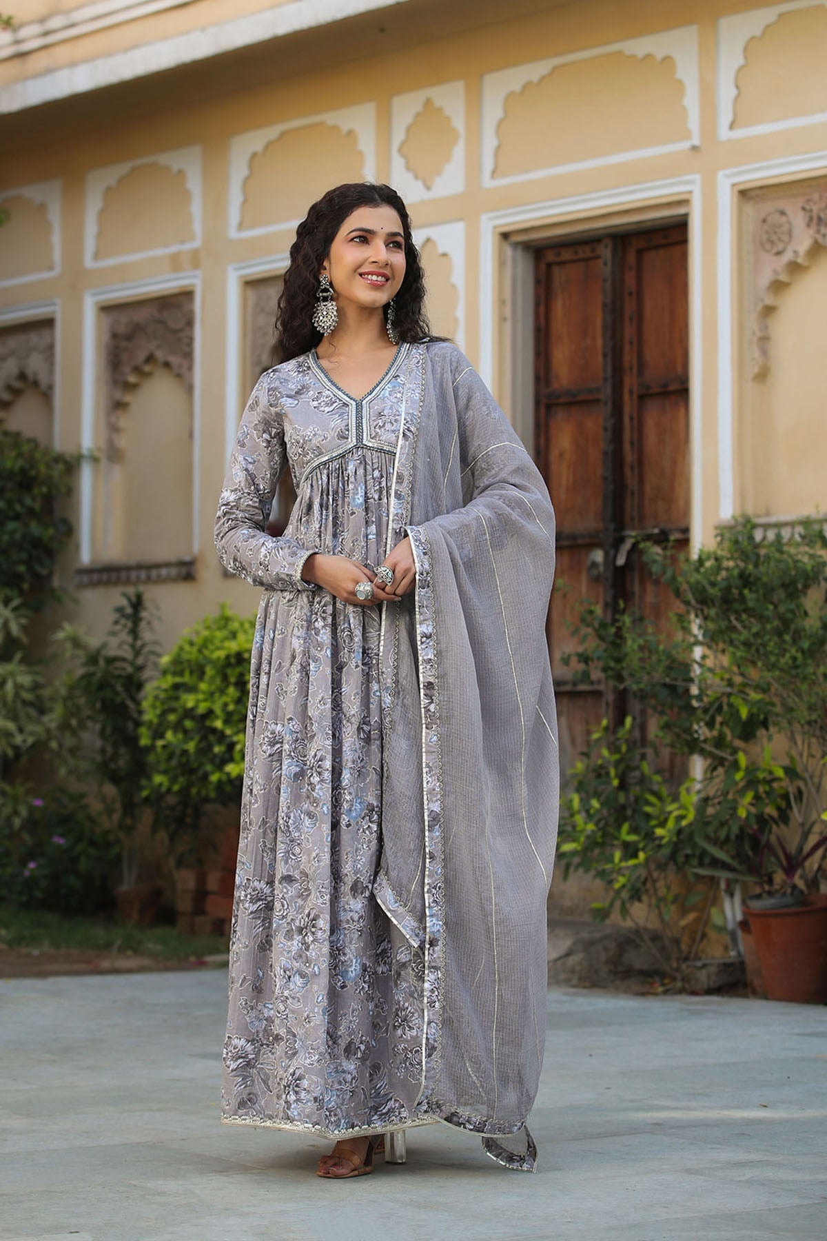 Grey Floral Cotton Handwork Gown Set With Dupatta 2XL