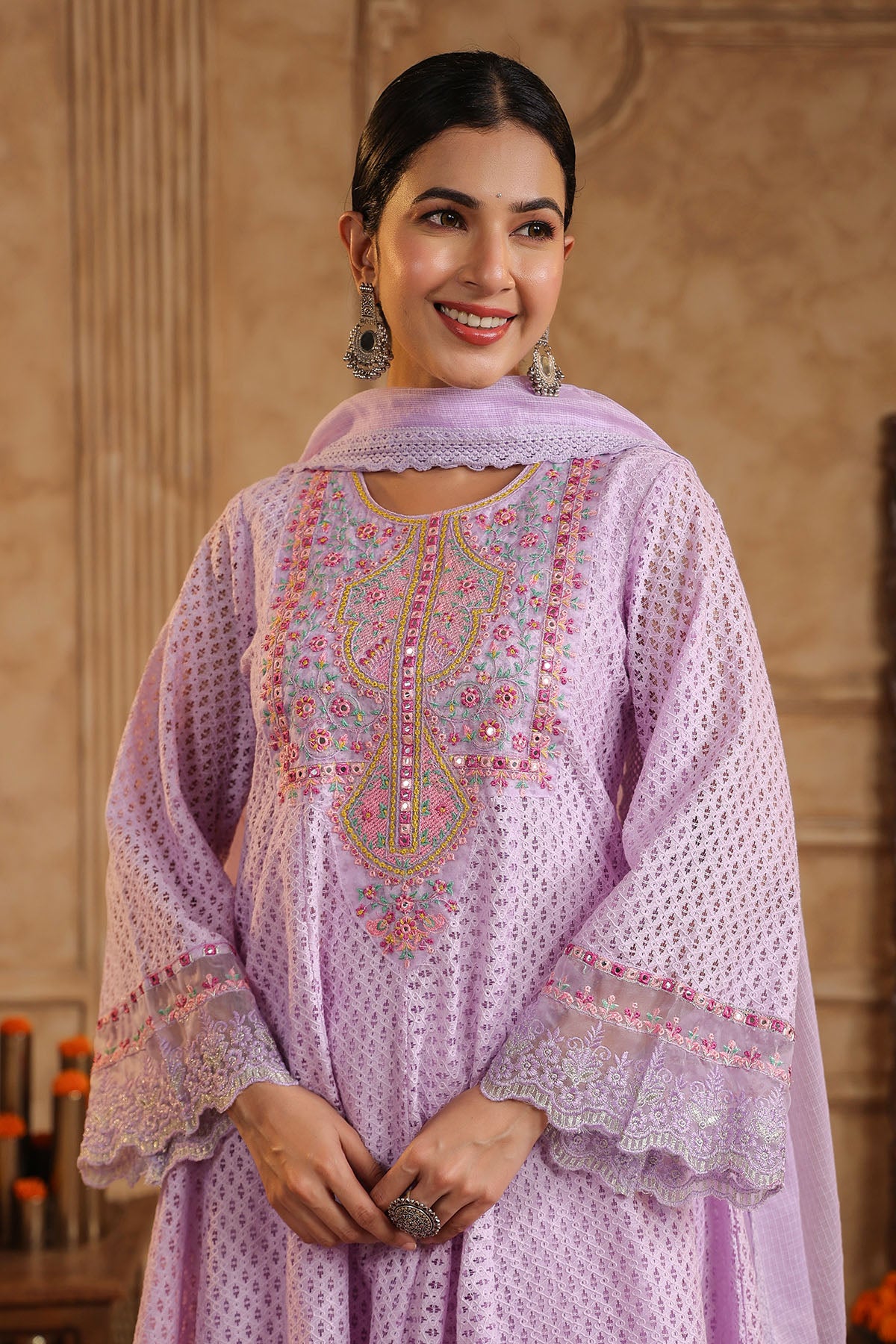 Lavender Schiffli Net Embroidered Anarkali Suit