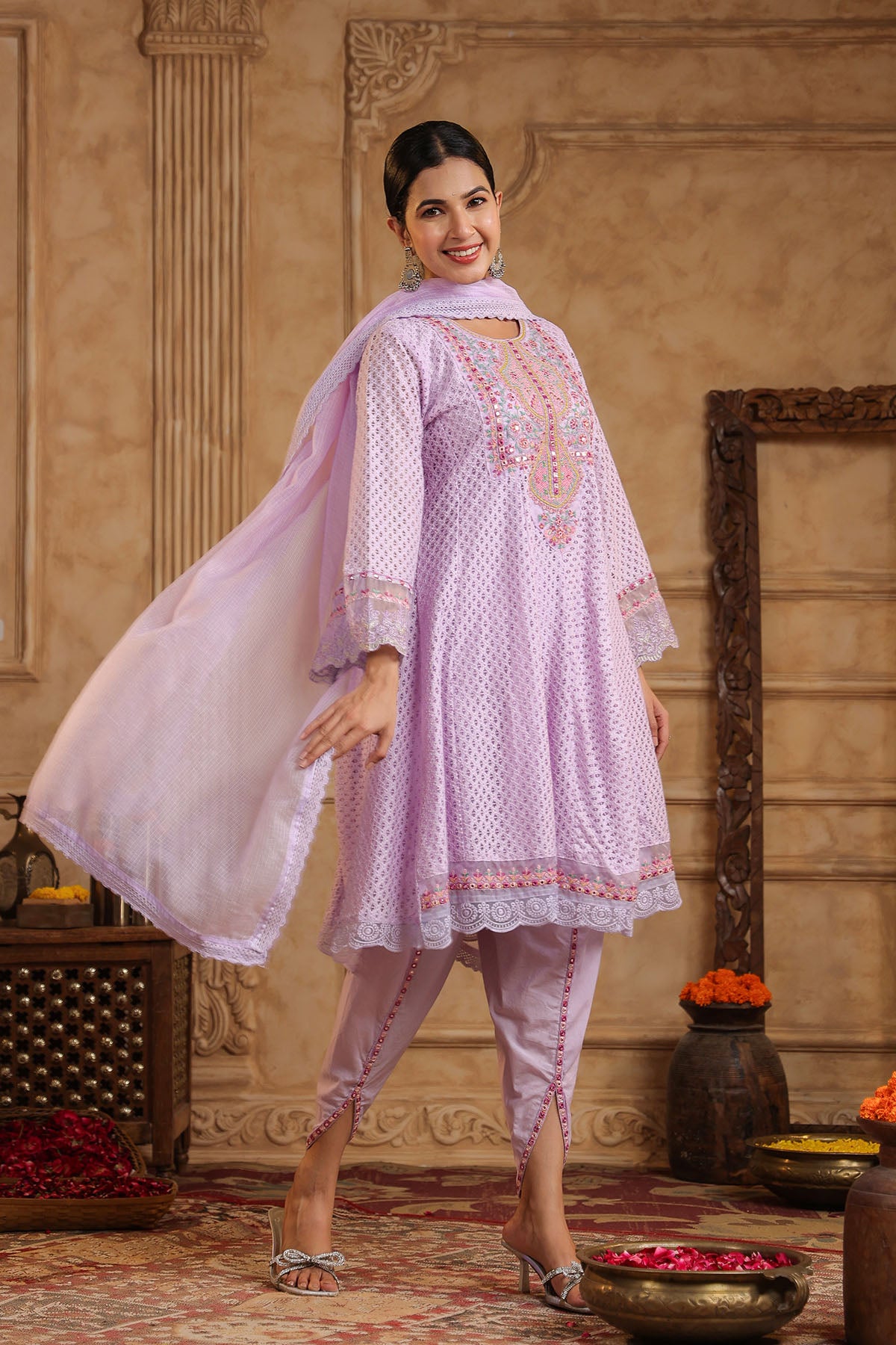 Lavender Schiffli Net Embroidered Anarkali Suit