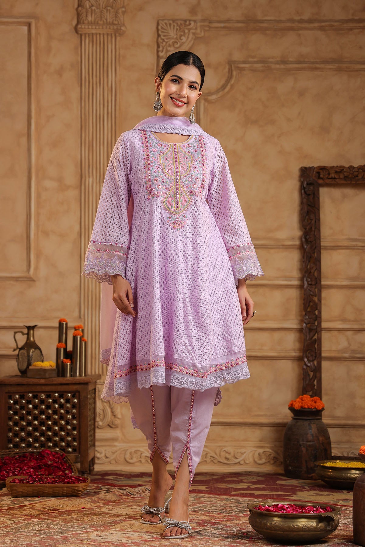 Lavender Schiffli Net Embroidered Anarkali Suit