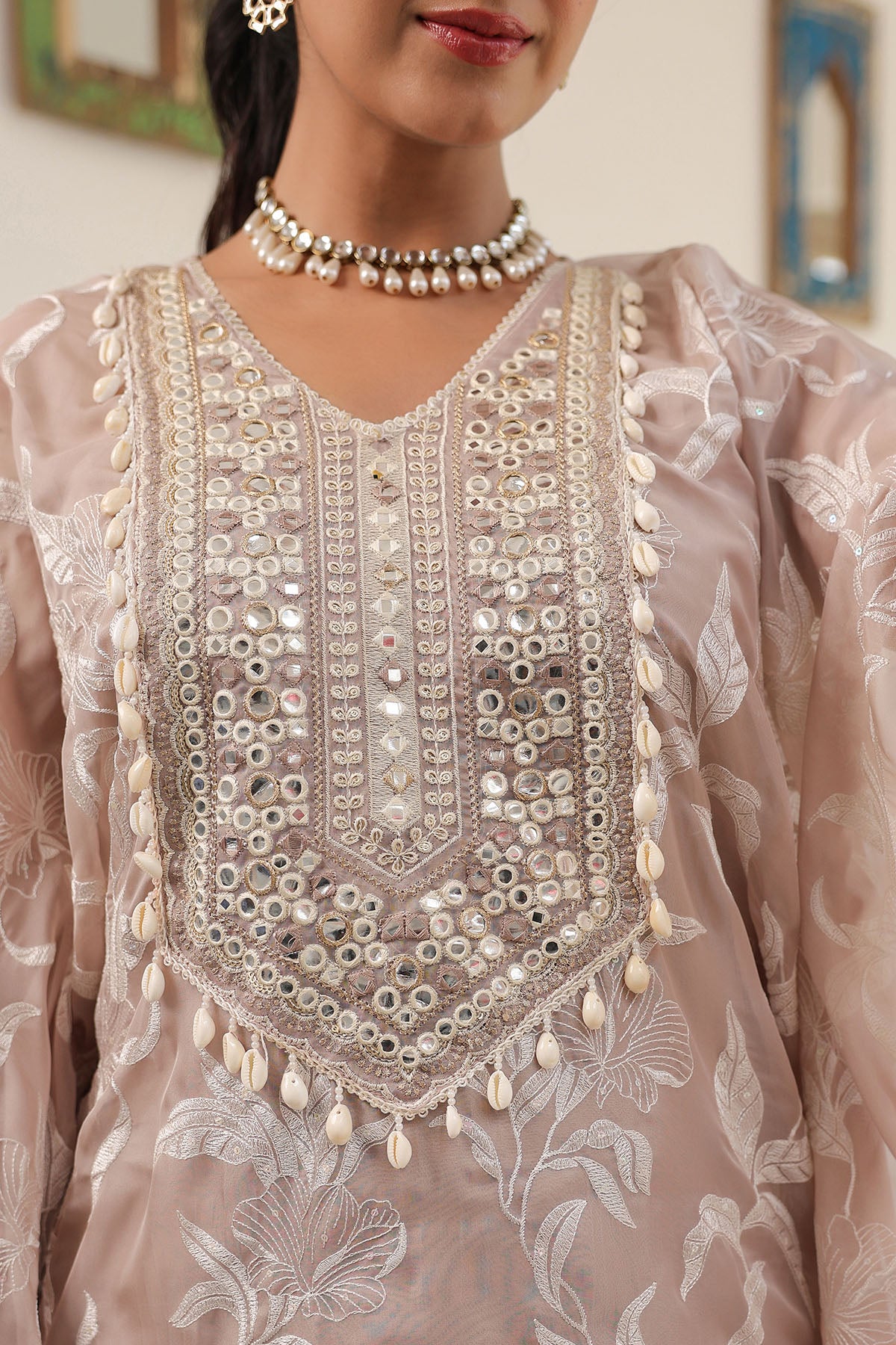 Brown Organza Embroidered Kaftan Set With Potli Bag