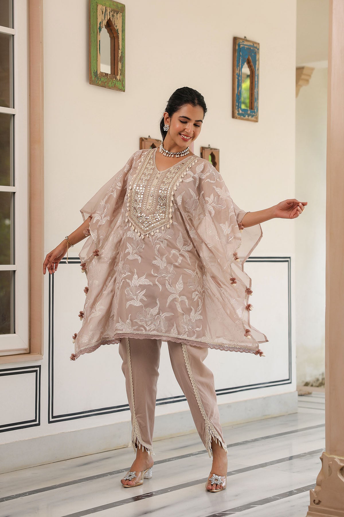 Brown Organza Embroidered Kaftan Set With Potli Bag