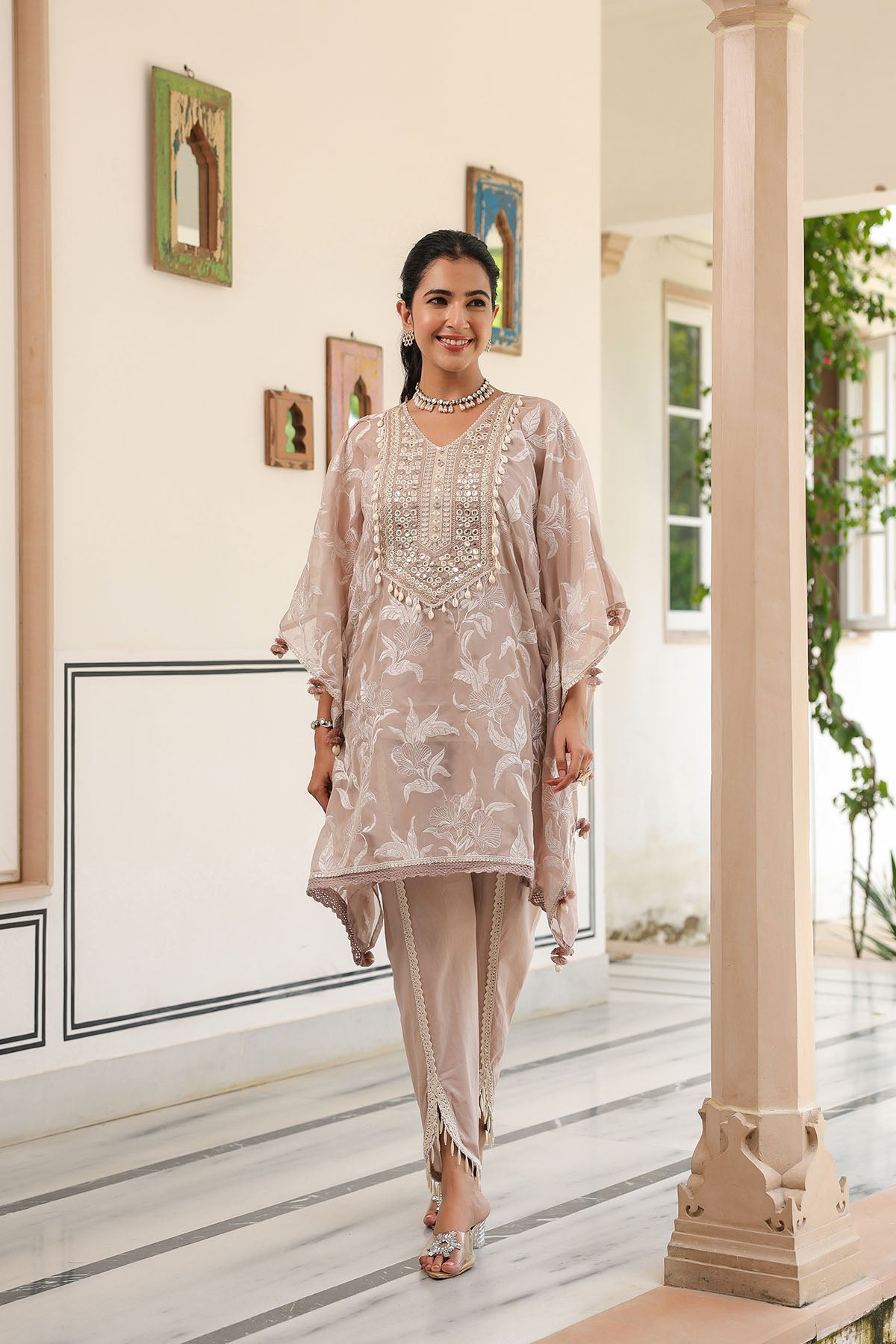 Brown Organza Embroidered Kaftan Set With Potli Bag