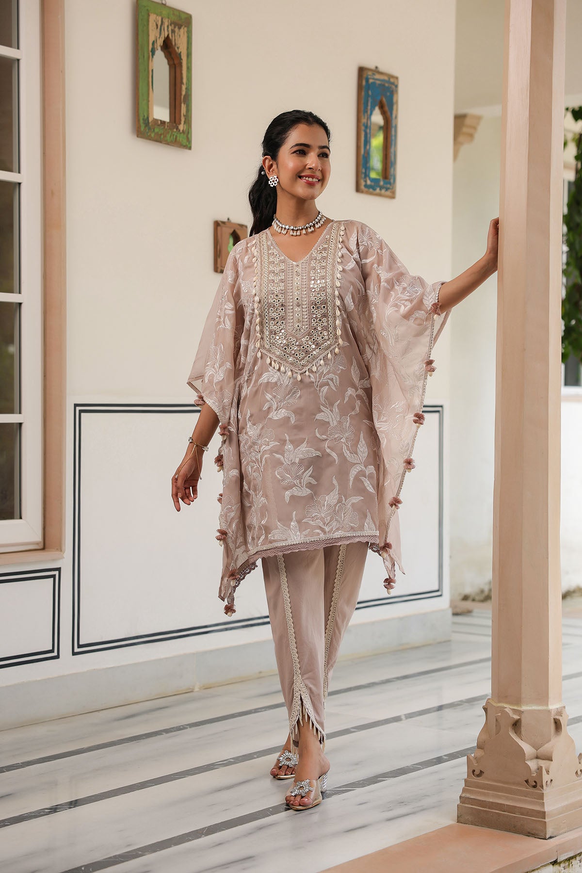 Brown Organza Embroidered Kaftan Set With Potli Bag