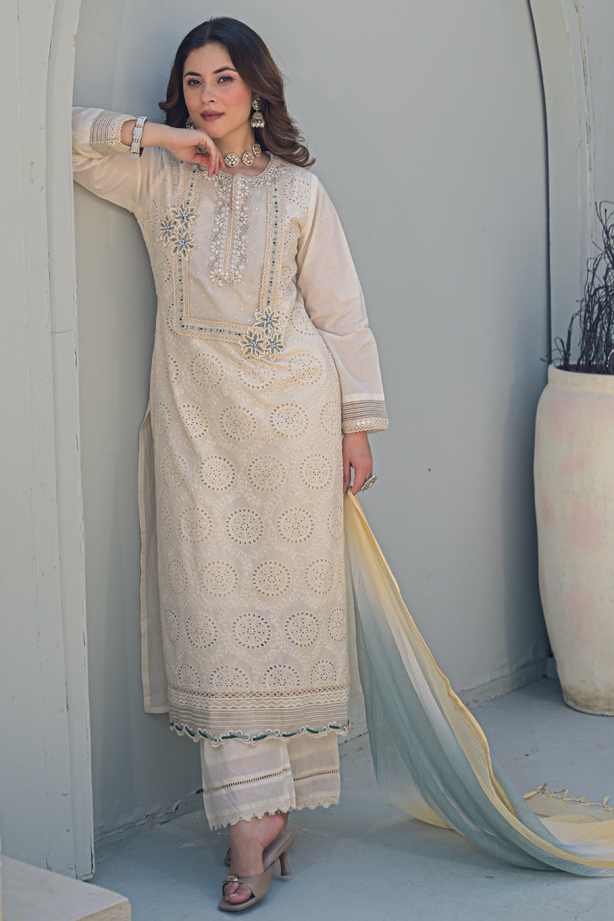 Off White Cotton Embroidered Suit Set