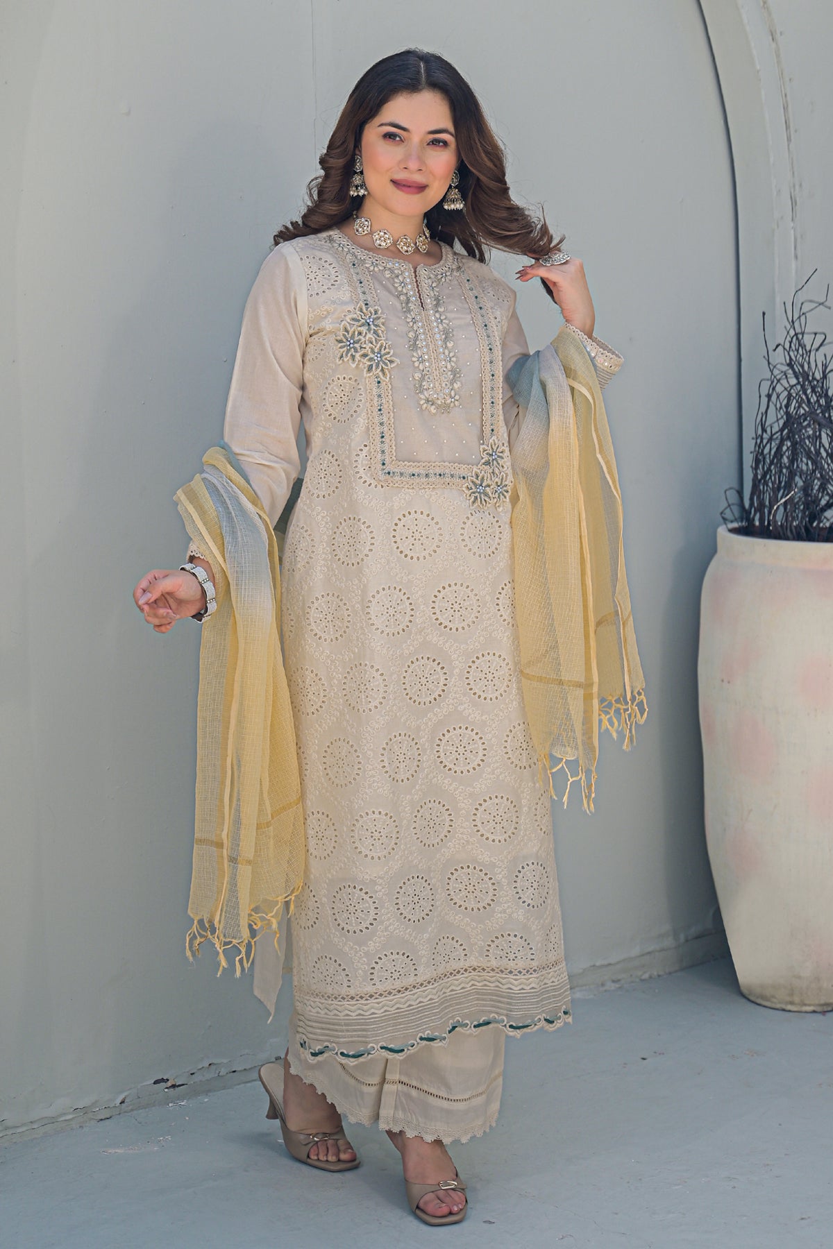 Off White Cotton Embroidered Suit Set