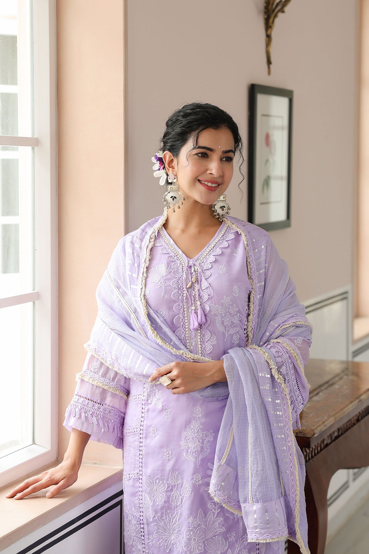 Lavender Organza Embroidered Straight Suit